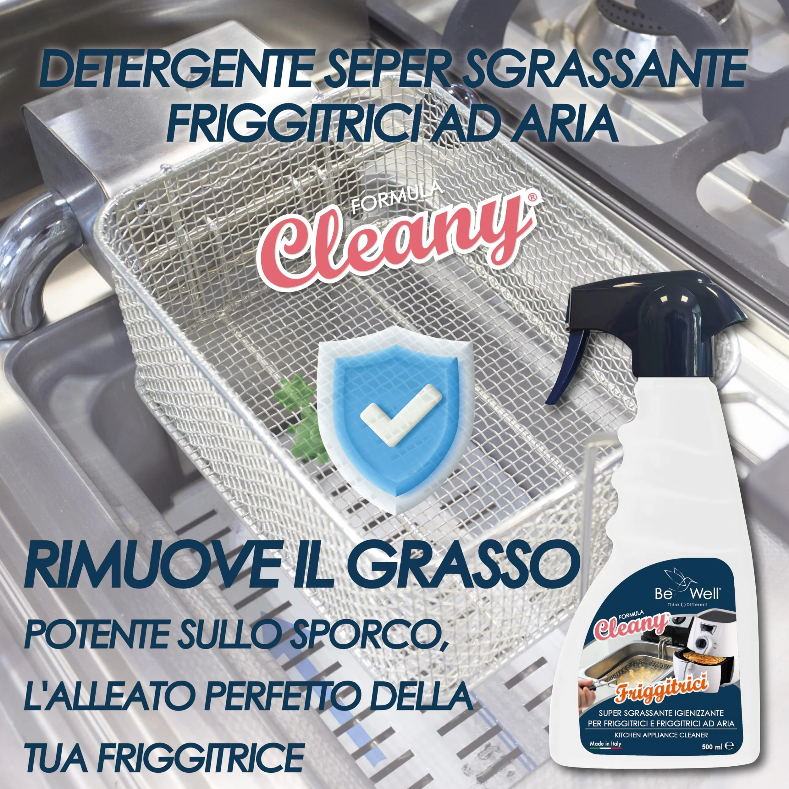 CLEANY Detergente Professionale Spray per Friggitrici, Sgrassante Igienizzante, 500 ml, Made in Italy