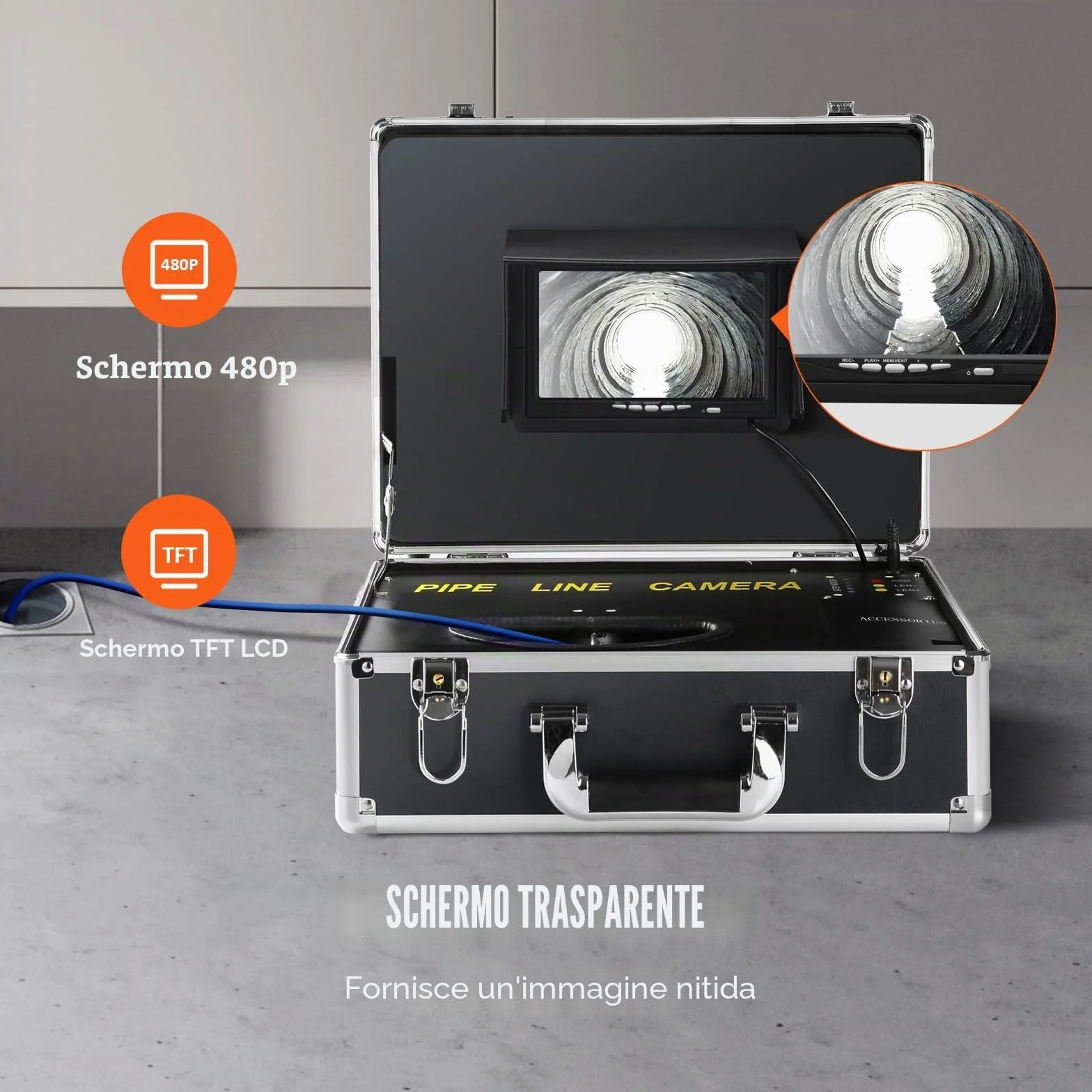VEVOR Telecamera Endoscopio Sonda 1000TVL 7 Pollici Cavo 30m Ispezione Fognatura