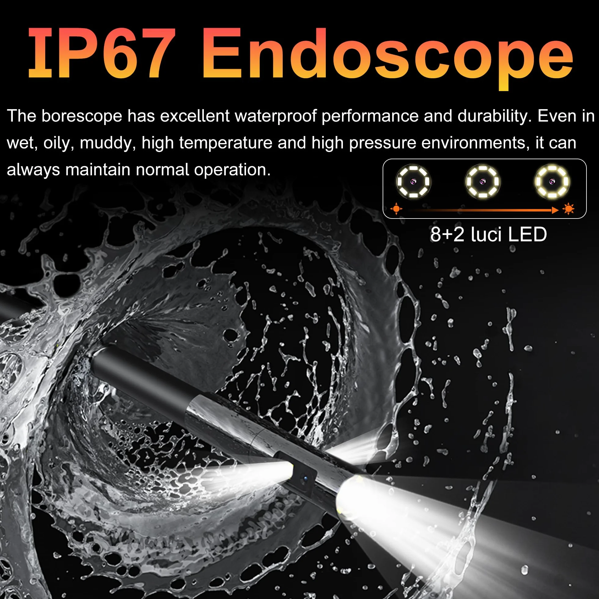 Telecamera Ispezione 10M Tre Lenti 1920p HD Endoscopica Tubi Schermo IPS 5 Pollici IP67 Sonda 8mm TF 64G
