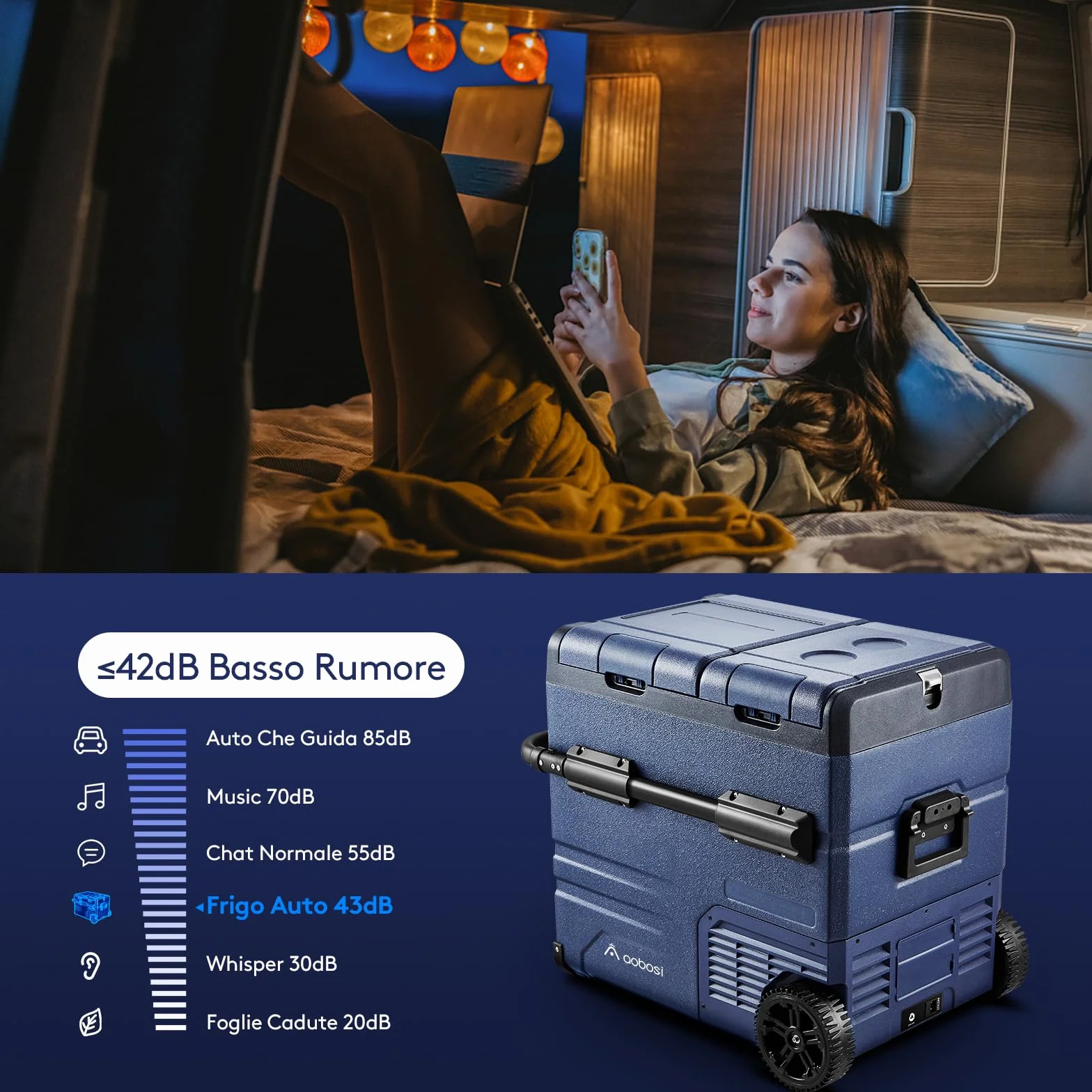 AAOBOSI 55L Frigo Portatile, Dual Zone, Frigo da Campeggio con APP, Ricarica USB, Illuminazione LED, 12/24 V e 100-240 V, -20°C a 20°C, Frigorifero Portatile con Ruote Per Molti Modelli Di Veicoli