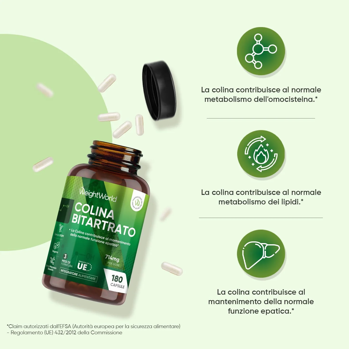 Colina Integratore Vegano 714mg 180 Capsule Funzione Epatica Senza Magnesio Stearato Prodotto Europa