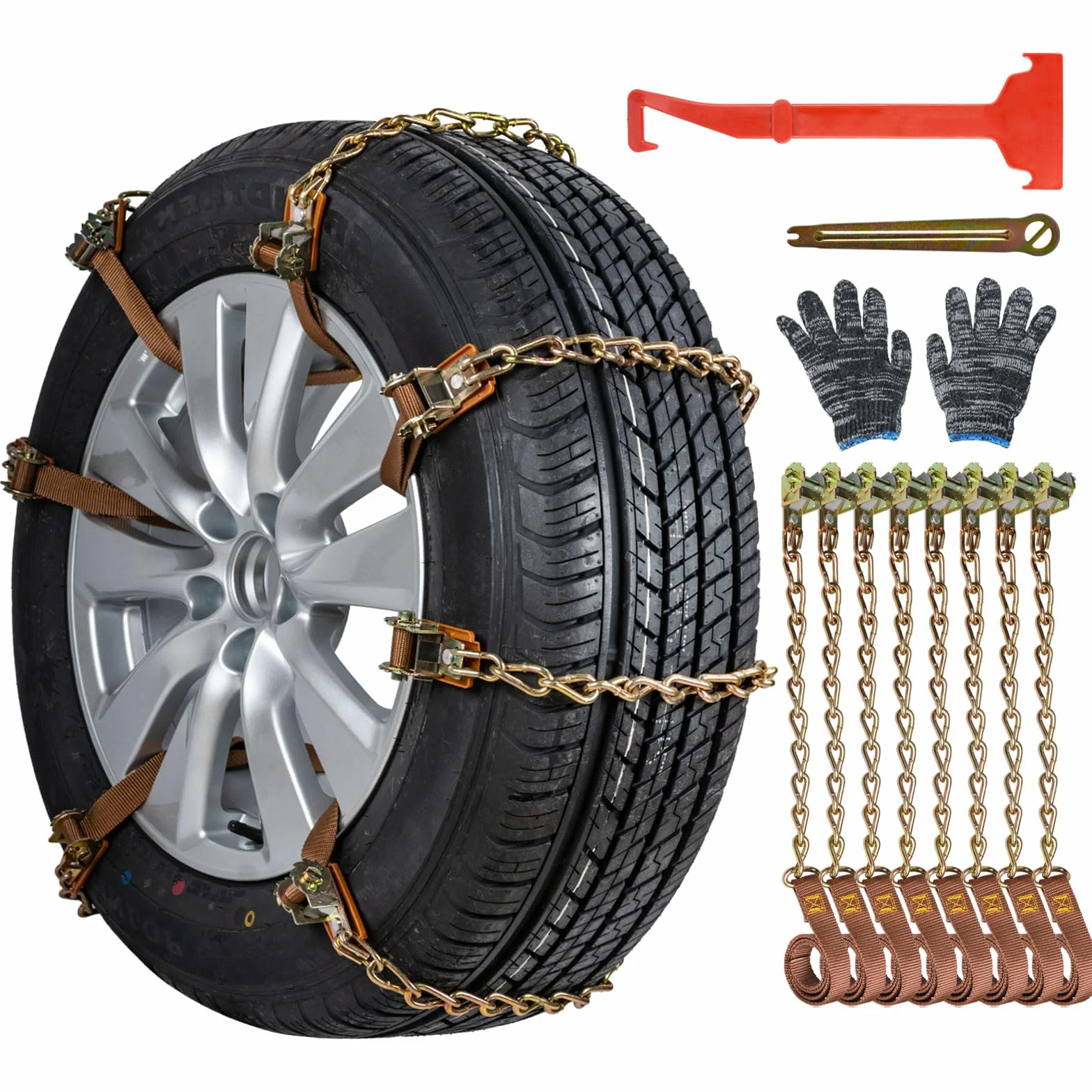 Catene da Neve 8 Pezzi Catene Regolabili Antiscivolo con Pala da Neve in Plastica e Guanti Facile da Installare Catena da Neve Durevole per Auto, Camion, SUV Carreggiata Strade innevate