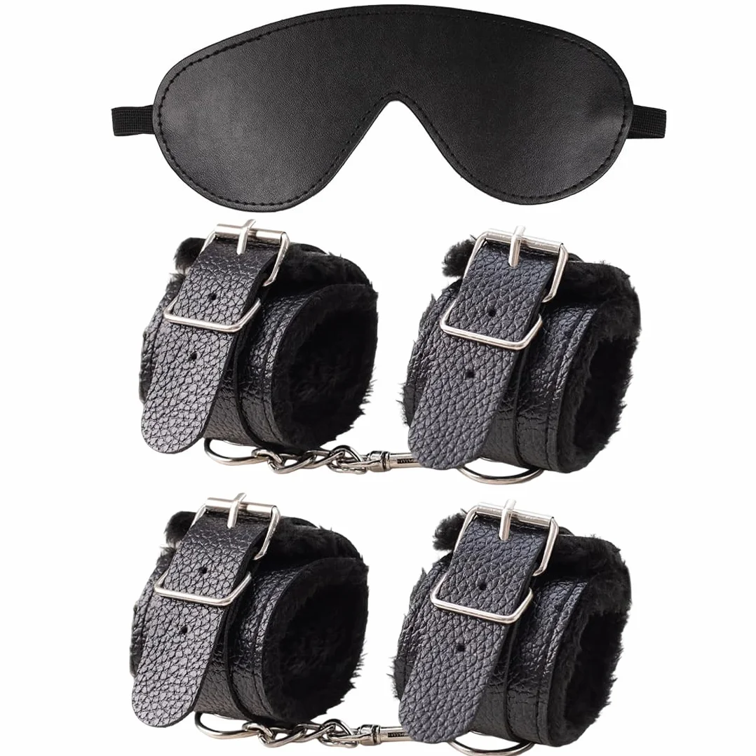 Manette per Coppia Peluche Pelle Kit Polso + Maschera Occhiale BDSM Regolabile