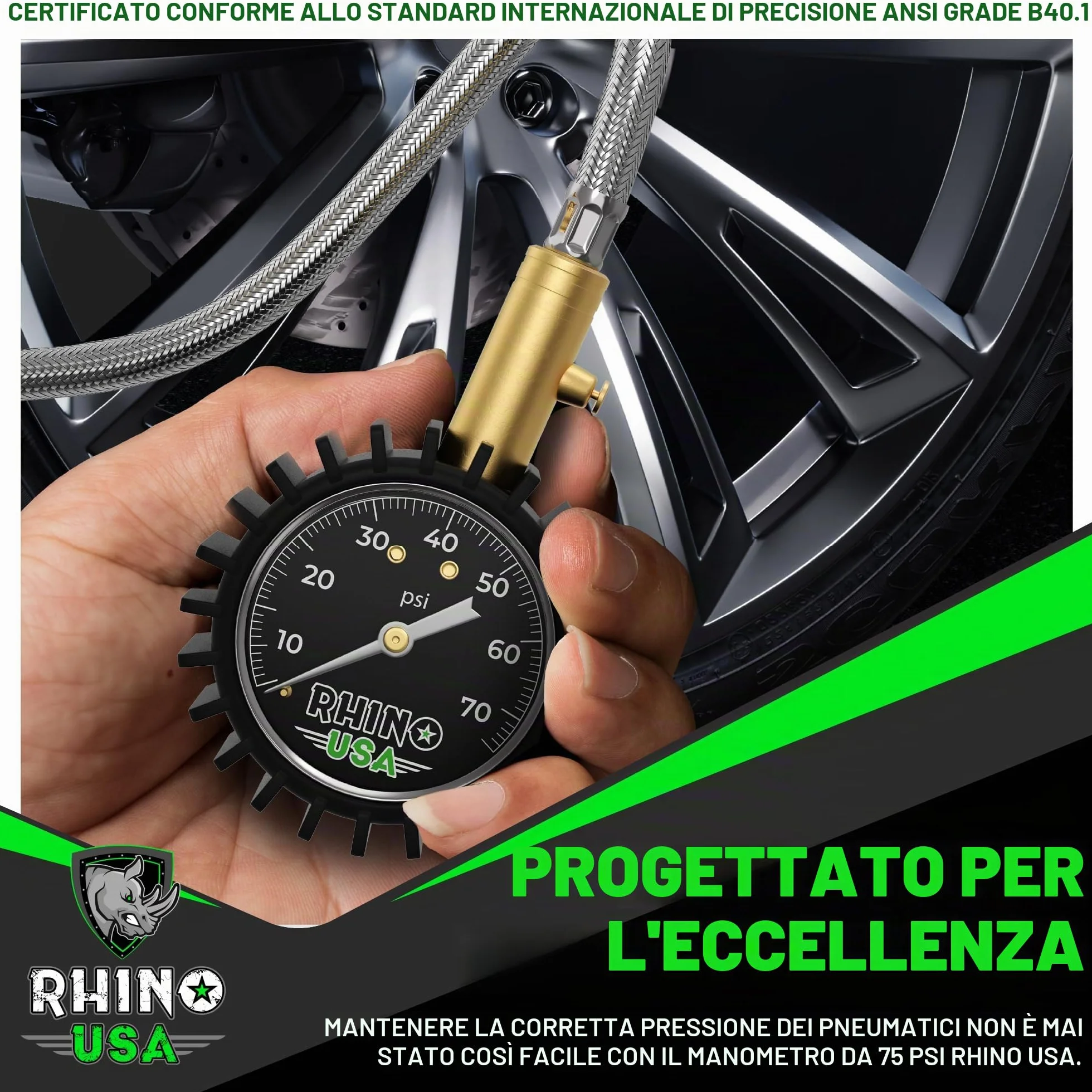 Rhino USA Manometro Pressione Gomme 0-75 PSI - Accuratezza Certificata ANSI B40.1, Quadrante 5 cm - Manometro Auto Camion Moto