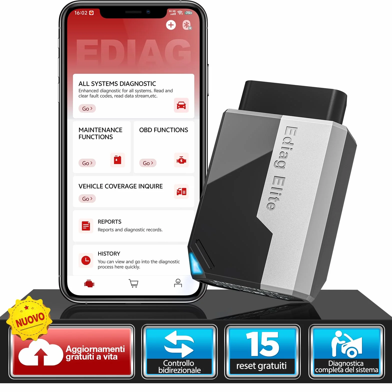 KINGBOLEN EDIAG Elite OBD2 Diagnostica Auto Bluetooth Professionale Italiano iOS Android 15+ Servizi Reset Test Attivo