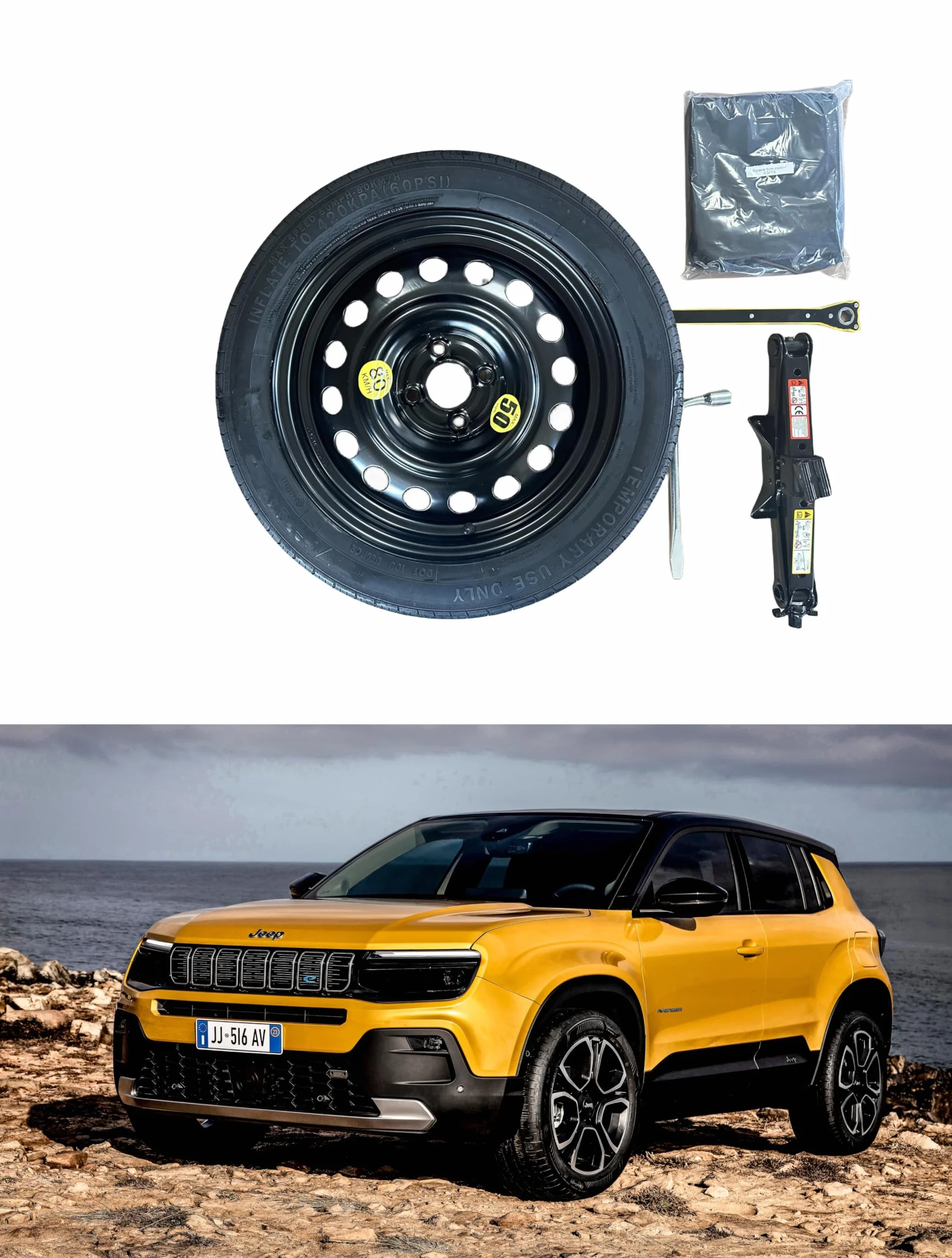 Kit Ruotino di Scorta 16" compatibile Jeep Avenger con Cric, Chiave e Sacca
