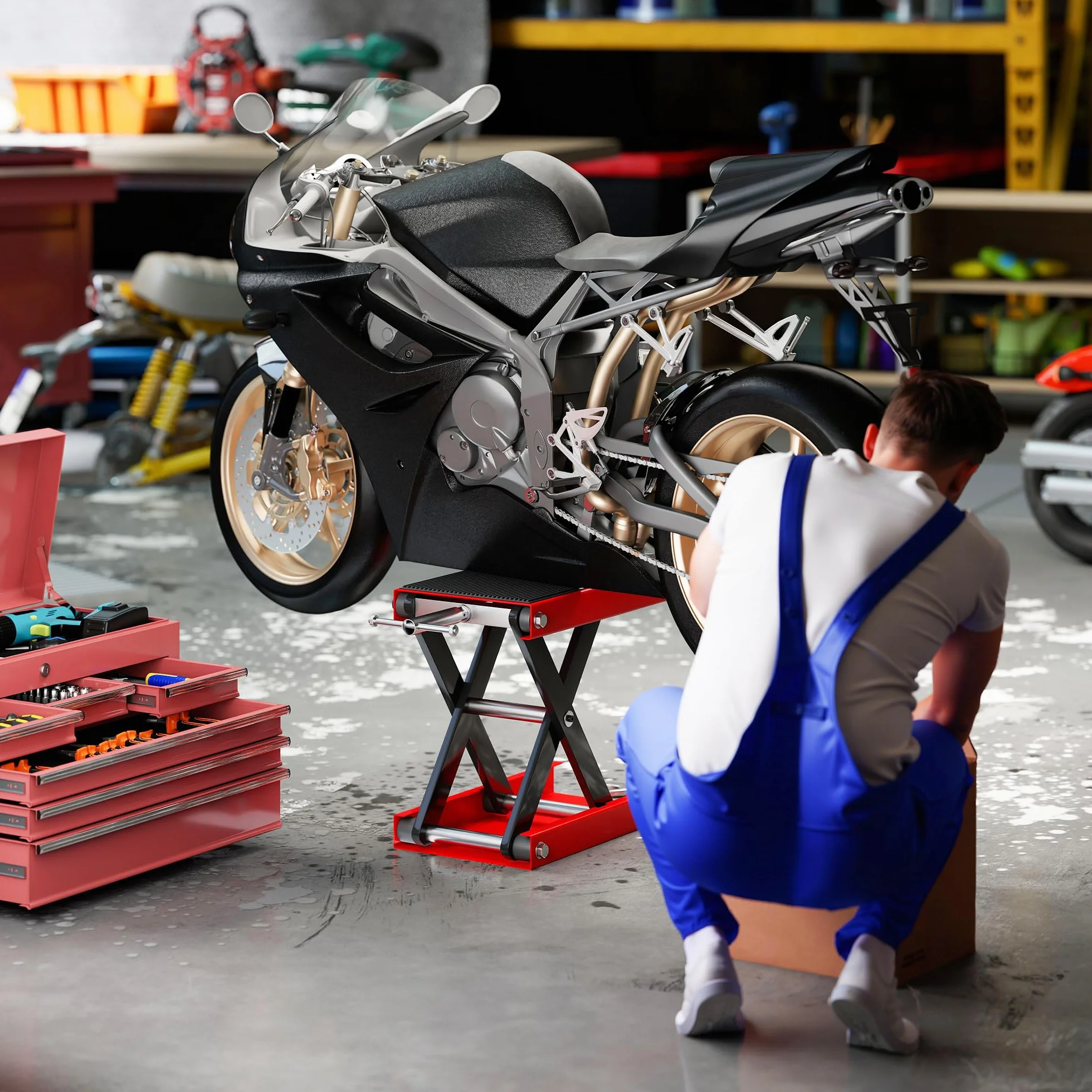 DURHAND Cavalletto per Moto e Bici Antiscivolo max 500 kg Regolabile, Metallo e Gomma, Rosso e Nero