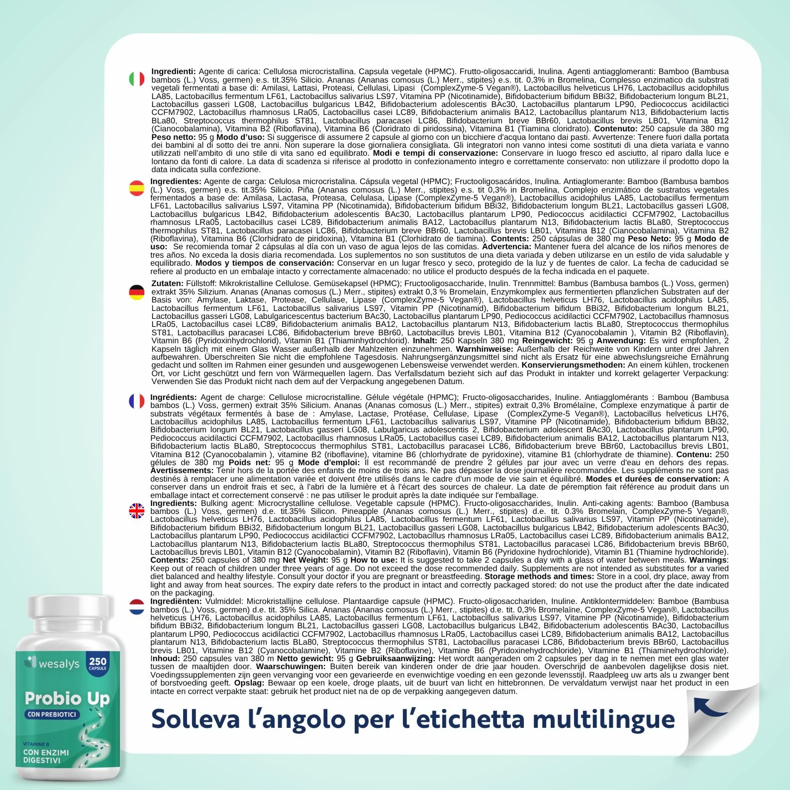 Probiotici 250 Capsule PROBIO UP 20 Ceppi Batterici Lactobacilli Bifidobatteri Inulina FOS 20 Miliardi