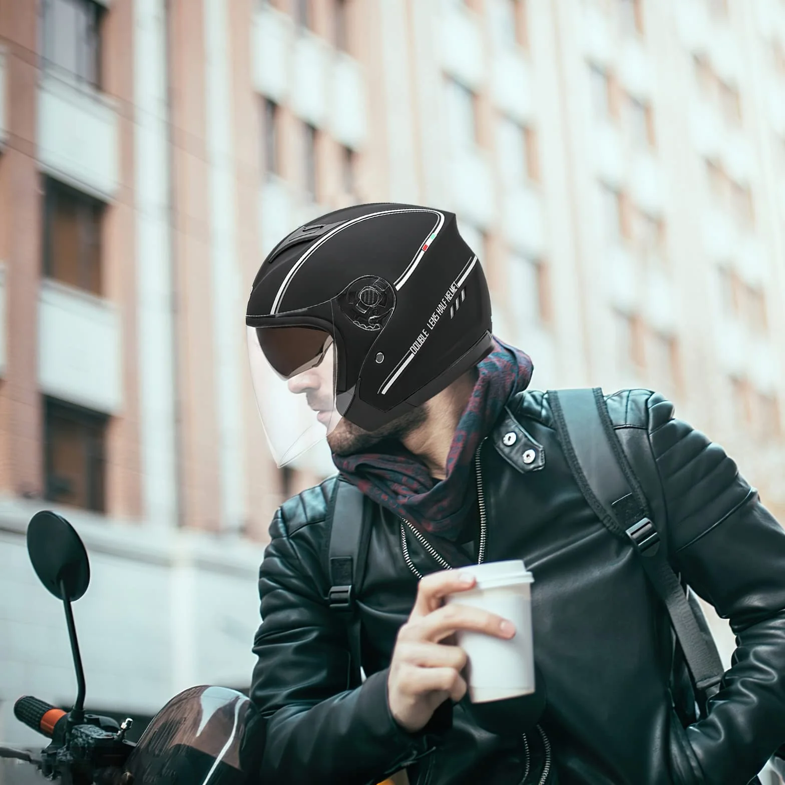 Casco Semiaperto Adulto con Doppia Visiera, Casco Moto Demi-Jet Moto Cross Casco Scooter Caschi Motorino Vintage, Piloto Urbano Helm