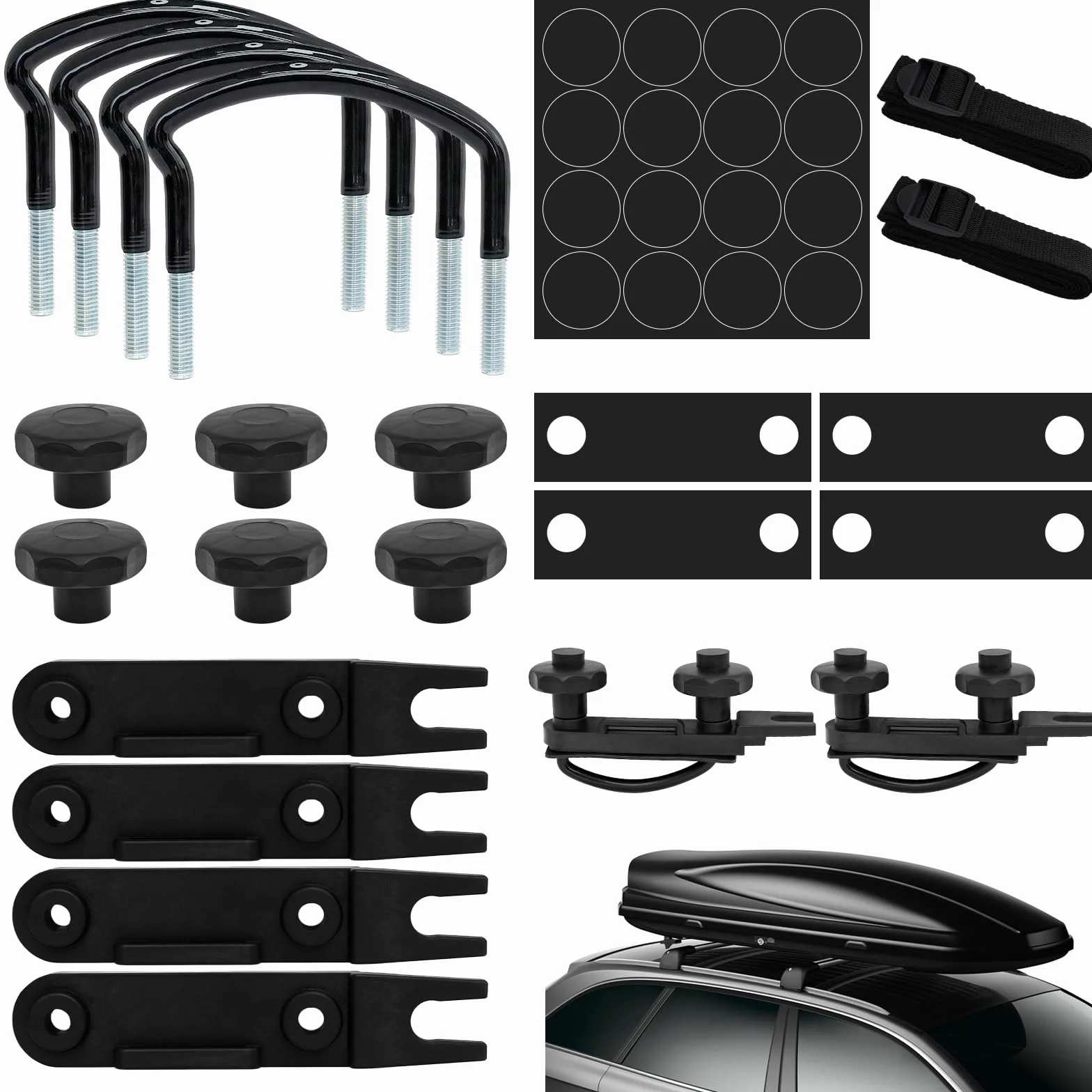 Fissaggio per Box da Tetto, 4 Morsetti a U Fissaggio, Larghezza Interna 85mm, con 8 Dadi di Bloccaggio per Impieghi Gravosi e 2 Bende, Compatibile con Auto SUV e Crossover