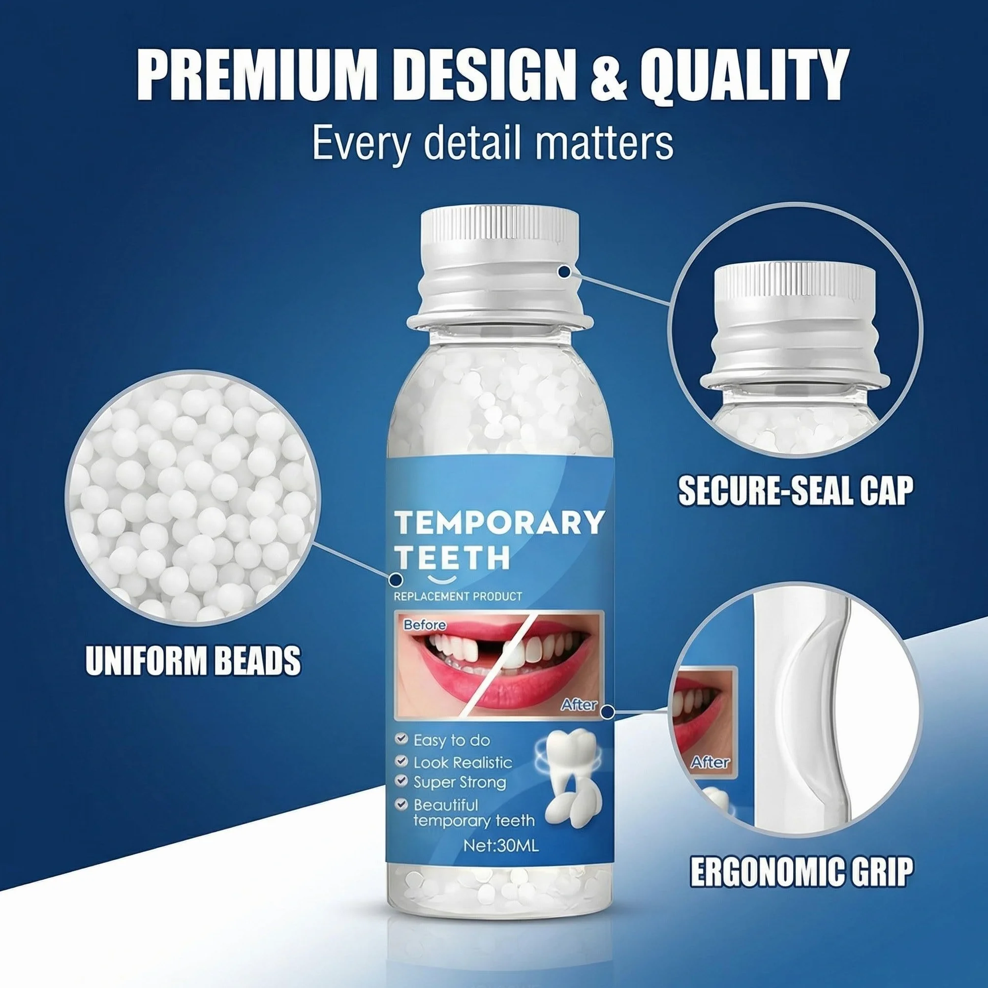 Kit di Riempimento Temporaneo Dente 30g, Cemento per Denti Finti Modellabili, Resina per Dente Rotto Mancante