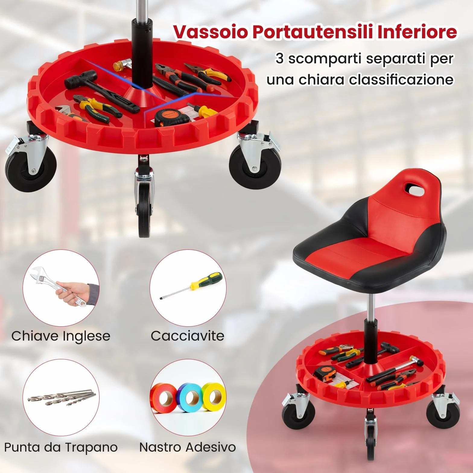 COSTWAY Sgabello da Officina con 5 Ruote, Sedia Meccanico Imbottita, Altezza Regolabile, Vassoio Porta Attrezzi, 185 kg