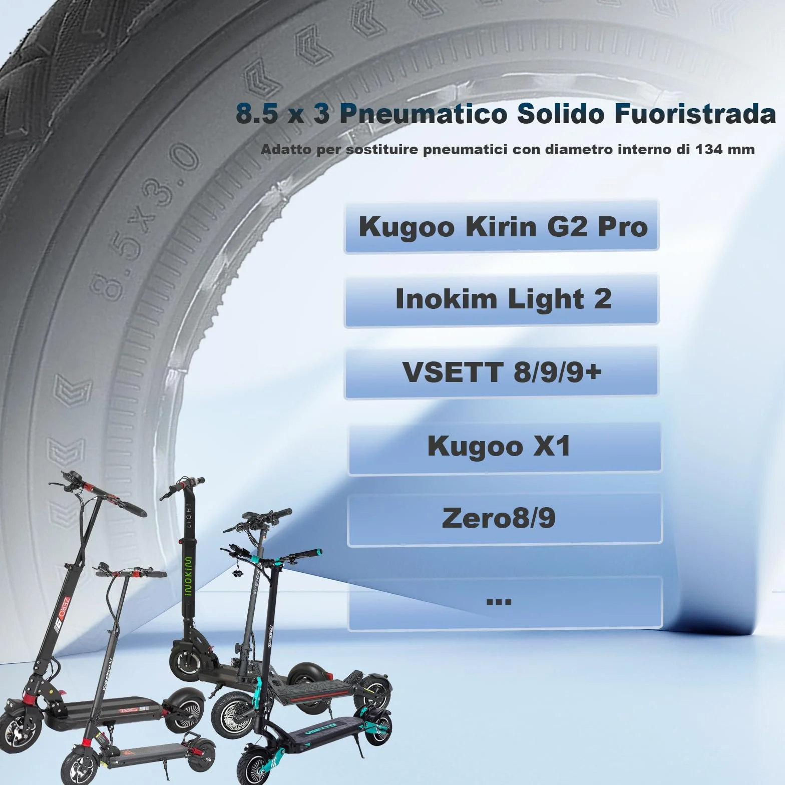 8,5 x 3 Pneumatici Solidi per KUKIRIN G2 Pro/KUKIRIN X1/Zero 9/Vsett 8/9/9+/Inokim Light 2 Monopattino Elettrico 8 1/2 x 3 Ruote di Ricambio in Gomma Piena, Pneumatici di Ricambio Pieni