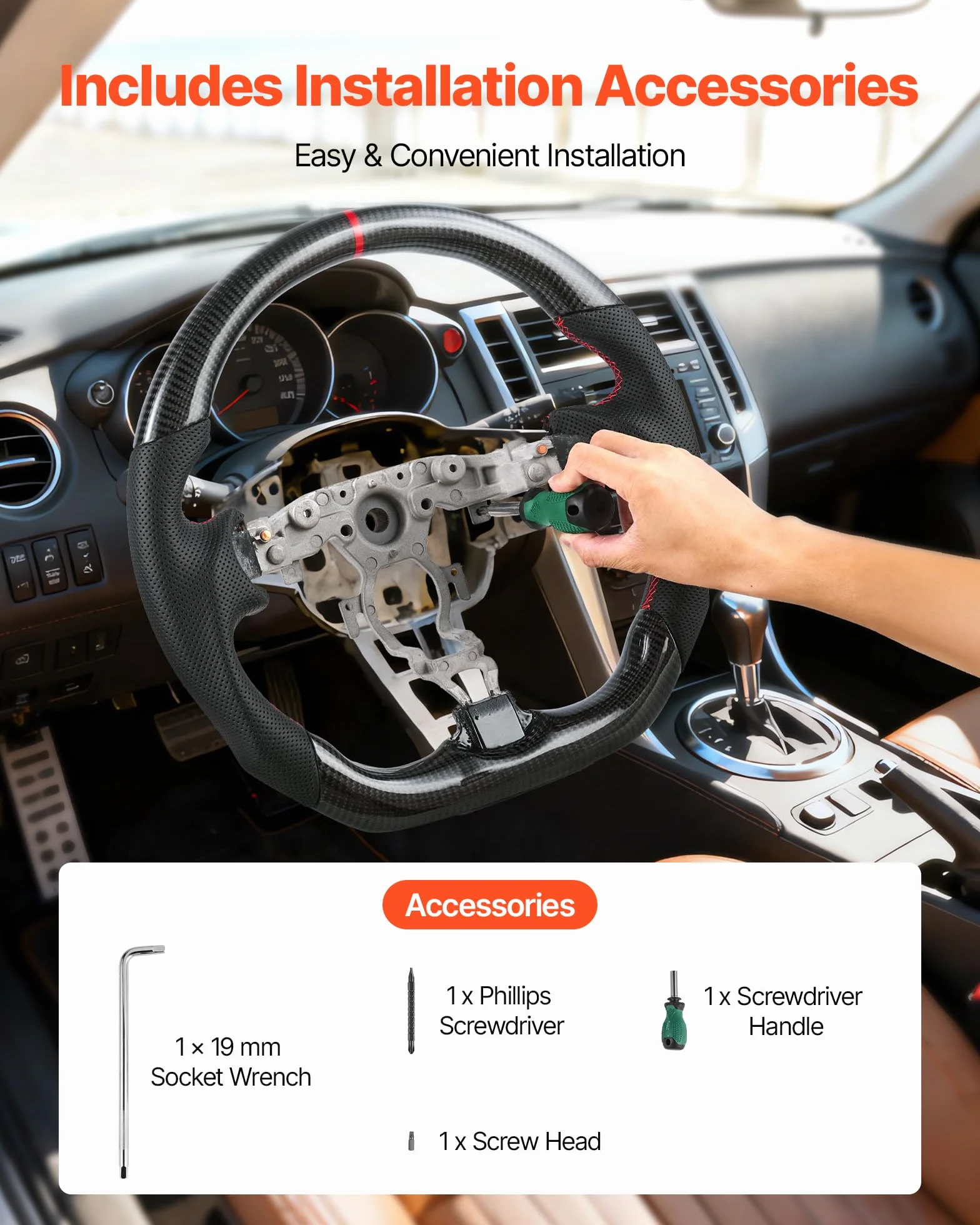 VEVOR Volante per Nissan 370Z 2008-2020, Volante in Fibra di Carbonio a Forma di D con Fondo Piatto, Impugnatura in Pelle con Trama Antiscivolo e Cuciture Precise, Accessori di Ricambio
