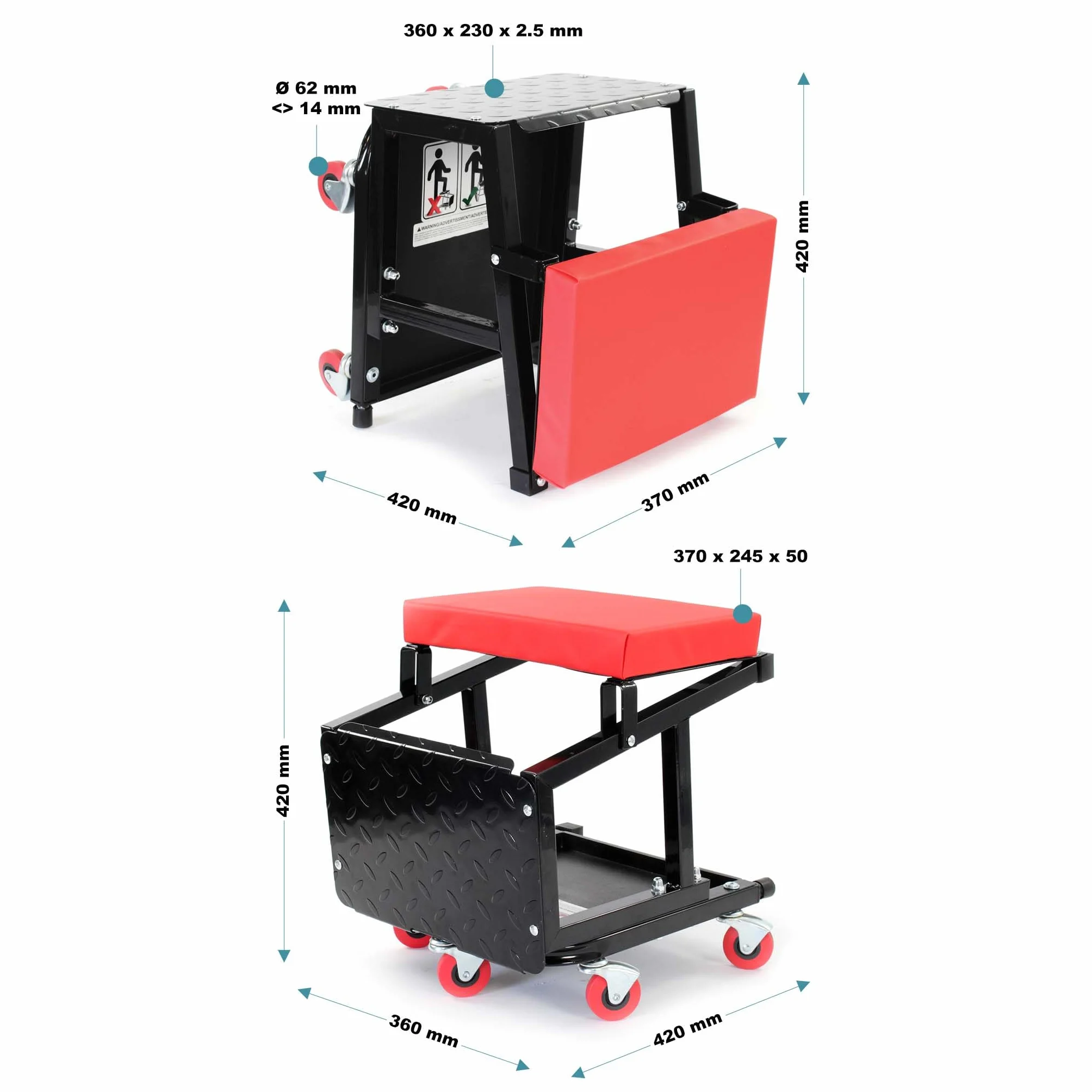 Wiltec Sgabello da Officina con Ruote 2in1 Portata 160 kg carrello e scaletta