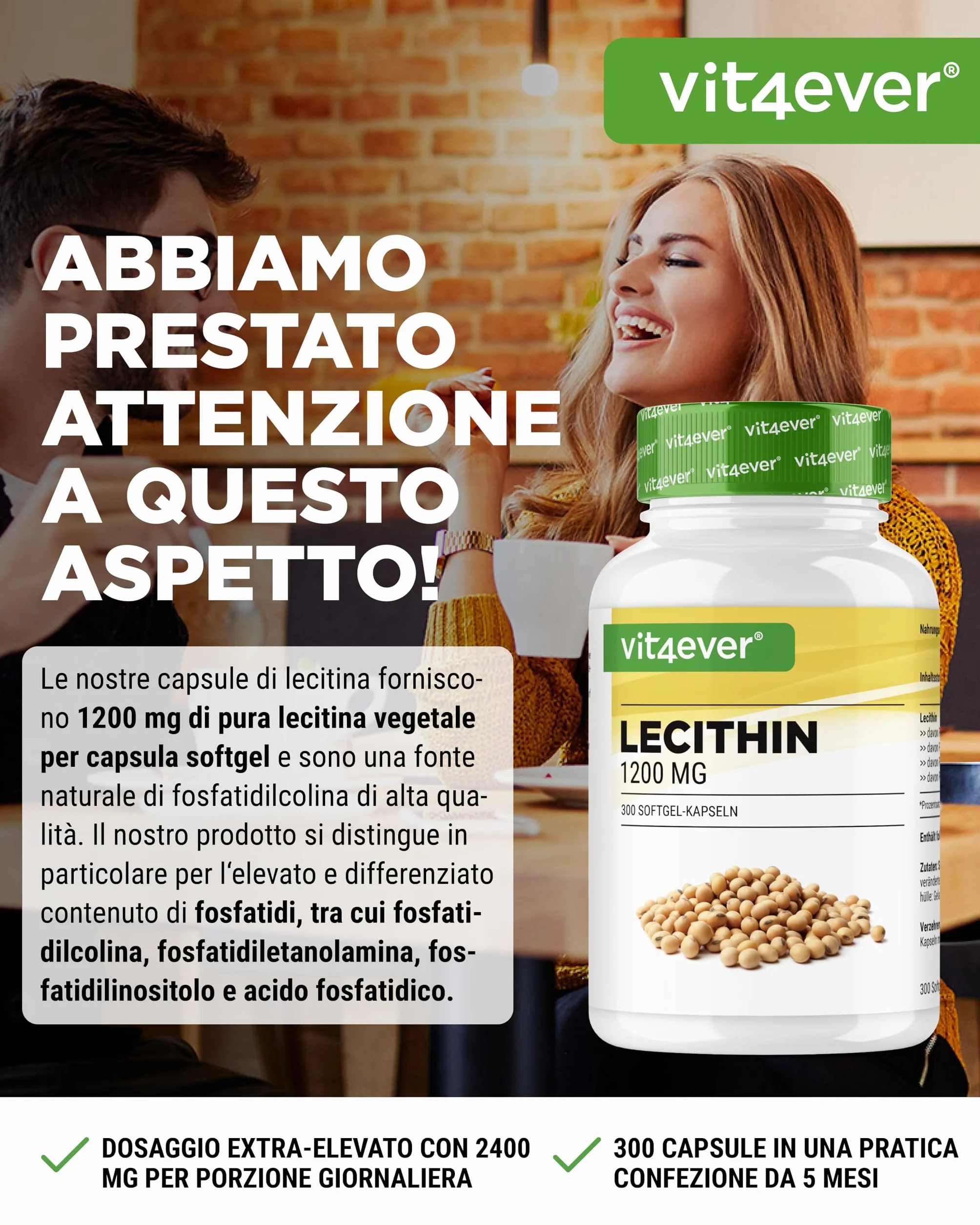Lecitina 1200 mg 300 Capsule Morbide - Lecitina di Soia non OGM - Alta Dose