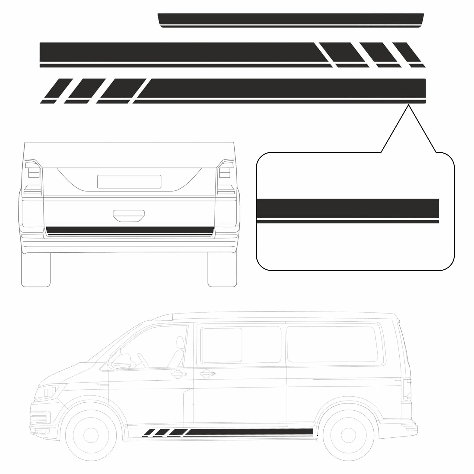 Strisce Laterali Sostituzione per VW T5 T6 T6.1 California 2003-2024, 2 Adesivi Laterali + 1 Adesivo Portellone Posteriore, Nero