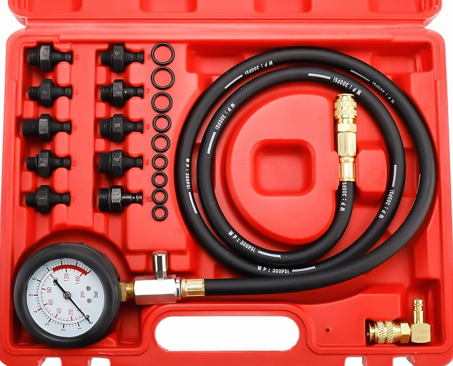 FreeTec Tester Pressione Olio, 0-140 PSI Manometro Pressione Olio Motore, Kit Misurazione Pressioni Oli, Attrezzo Prova Pressioni Oli Auto con Tubo e Adattatori per VW BMW Opel Ford Fiat (Rosso)