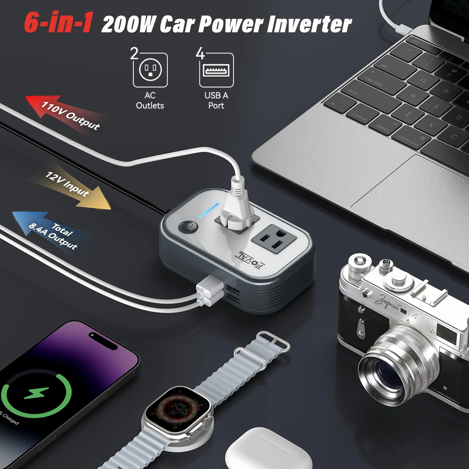 Foval 200W Car Power Inverter DC 12V to 110V AC with 8.4A 4 USB Charger