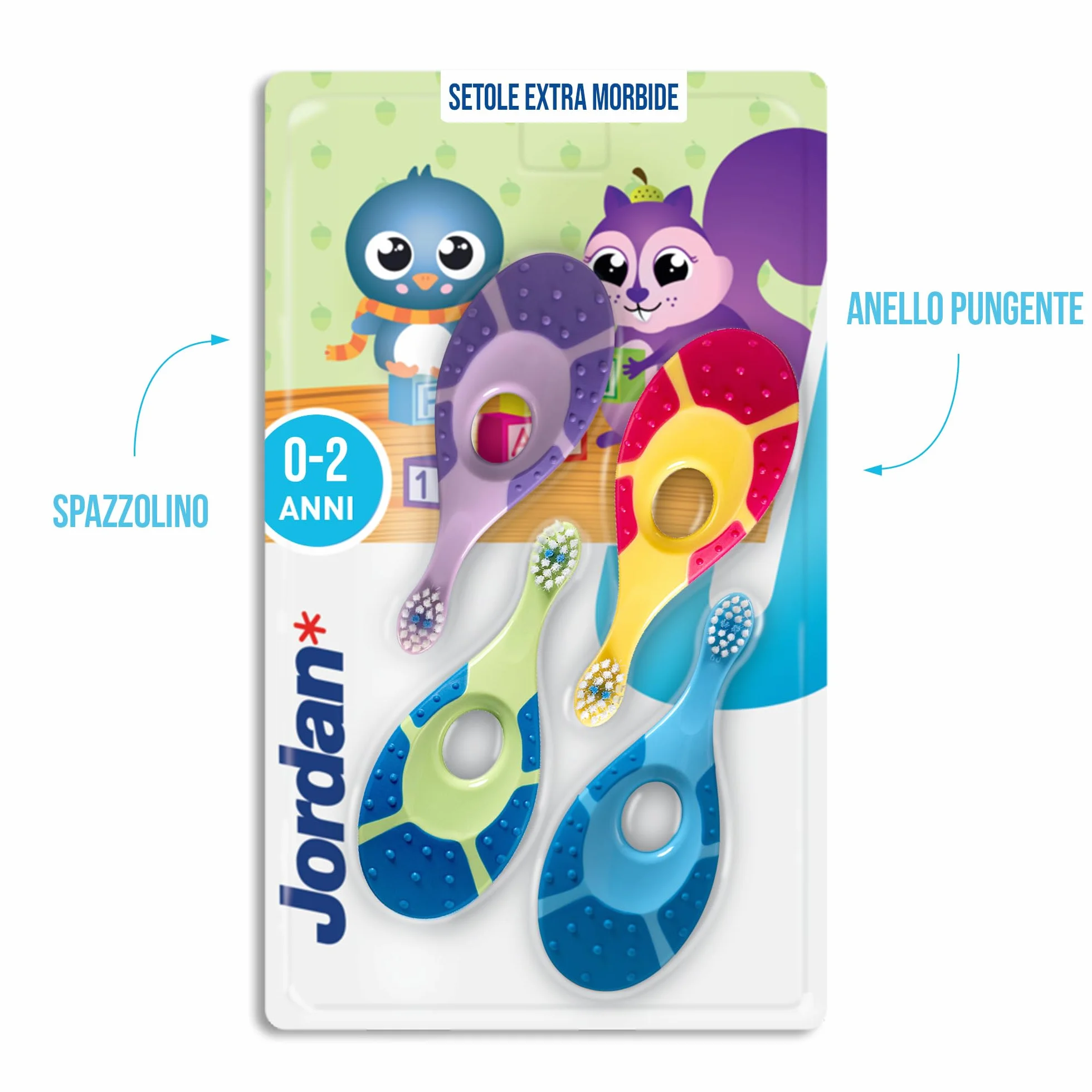 Jordan Step 1 Spazzolino da denti Bambini 0-2 anni Setole morbide senza BPA Confezione 4 unità Blu Verde