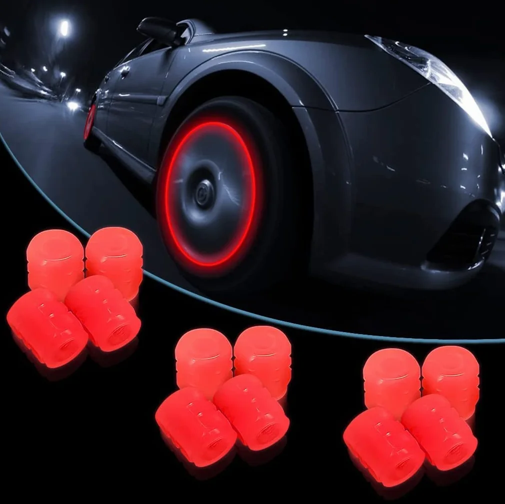 Tappi Valvola Fluorescente per Pneumatici Auto 12 Pezzi, Accessorio Universale Luminoso per Auto Camion SUV Moto Biciclette (Rosso)