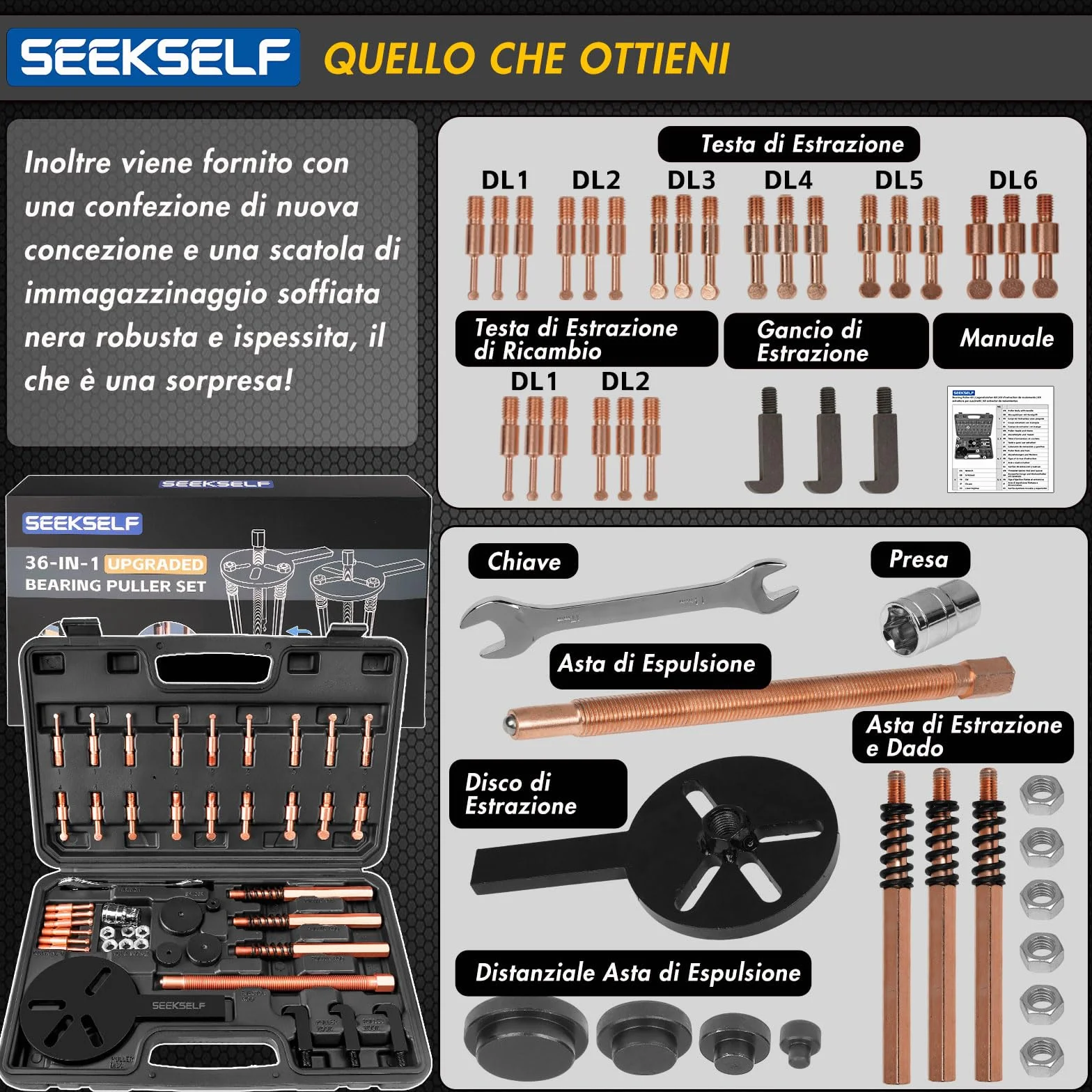 Kit Estrattore Cuscinetti Interni 36 in 1, Set Separatore Cuscinetti, Estrattori Ingranaggi