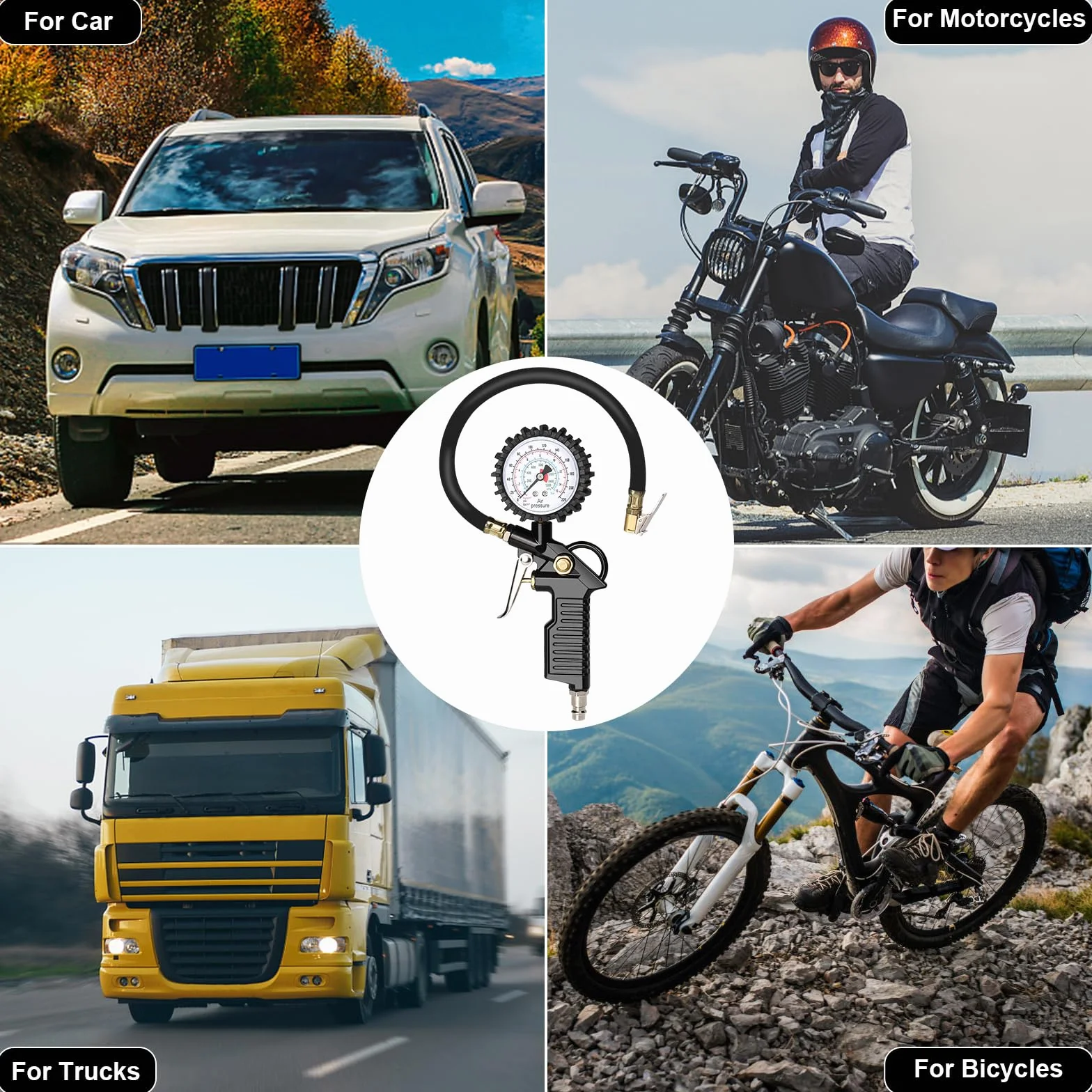 Manometro Pressione Gomme 220 PSI 16 BAR con Tubo Flessibile per Auto Moto