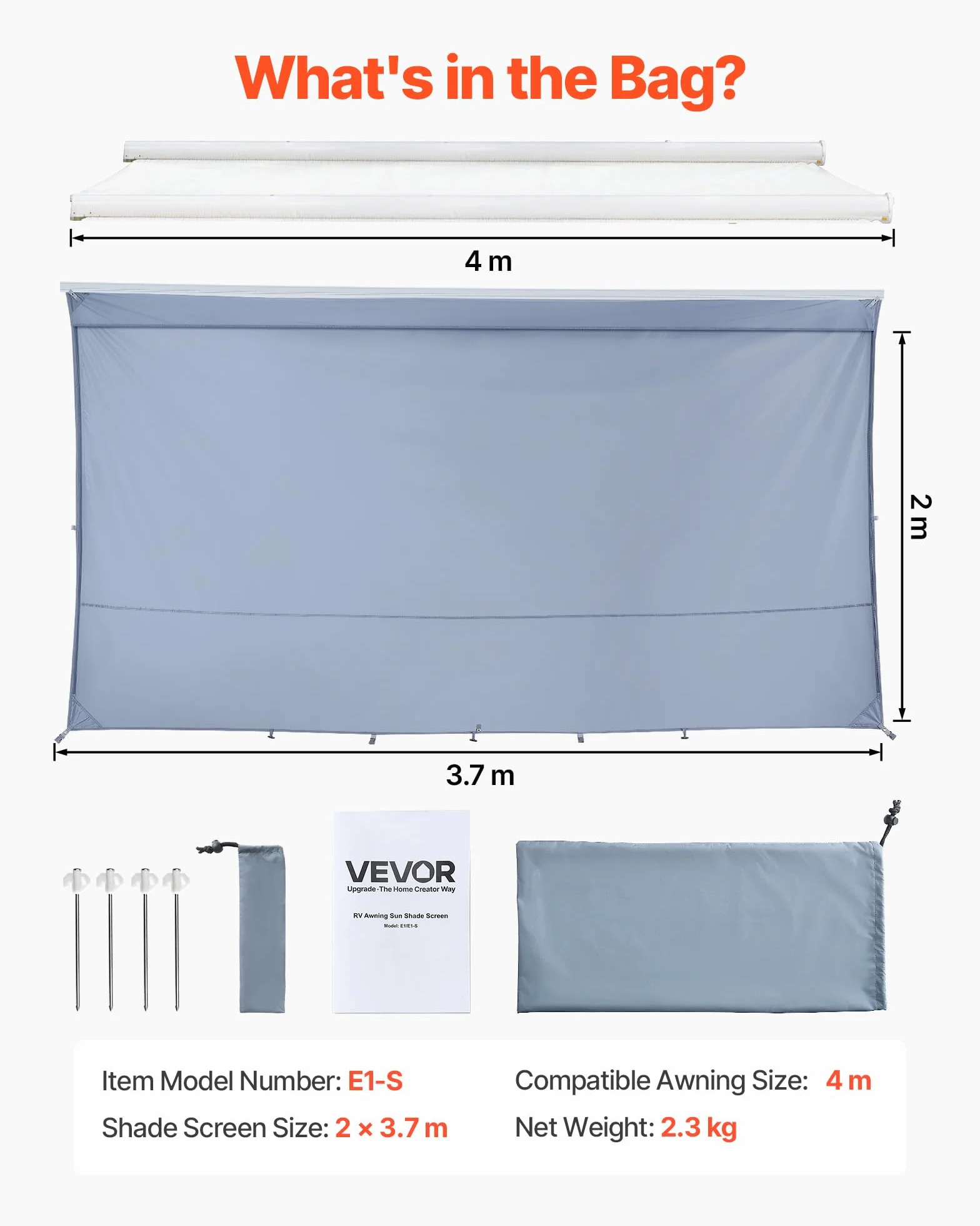 VEVOR Parasole per Camper Roulotte 2 x 3,7 m Pannello Frontale Tenda da Sole Poliestere Anti UV50+