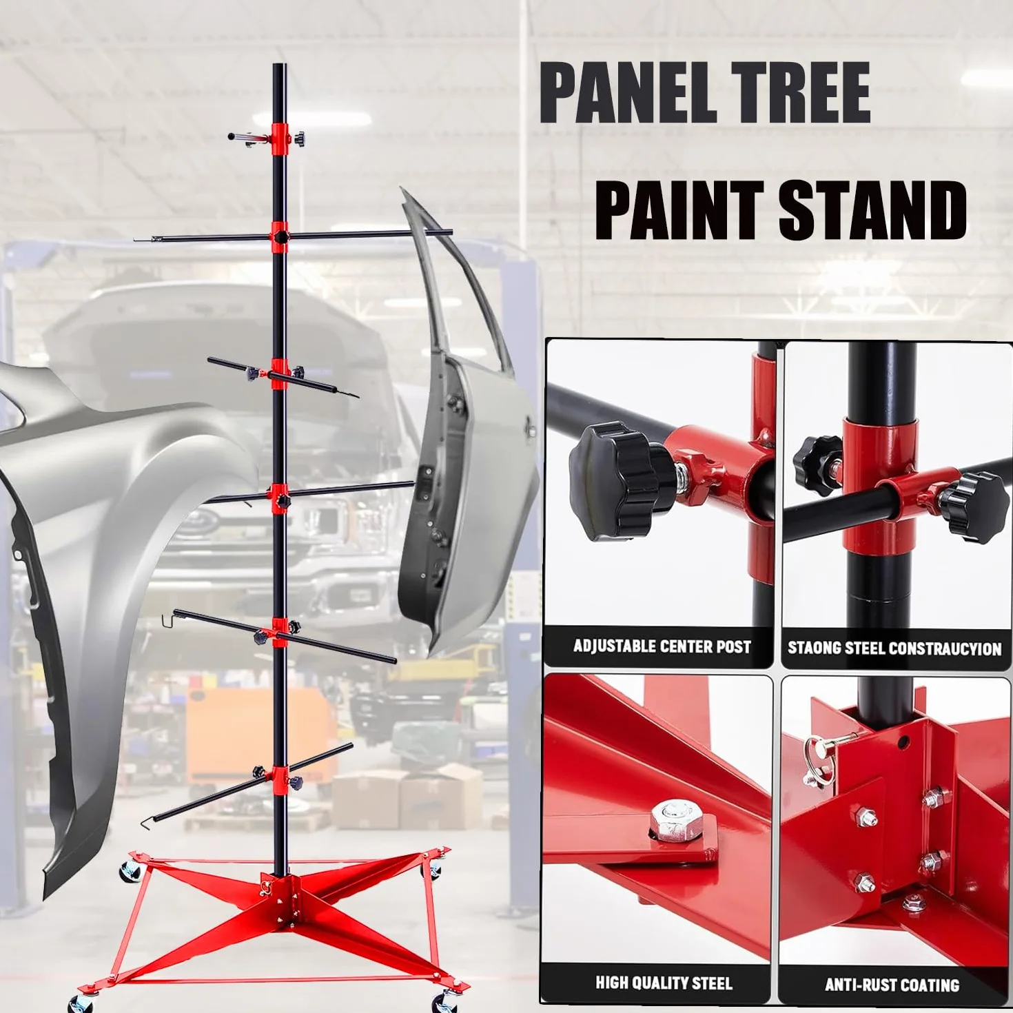 Pannello Albero Vernice Stand con 6 Bracci, Supporto Rotante per Verniciatura con 360° Ruote, Cavalletto per Verniciatura per Parafanghi, Porte, Paraurti Altezza 120cm