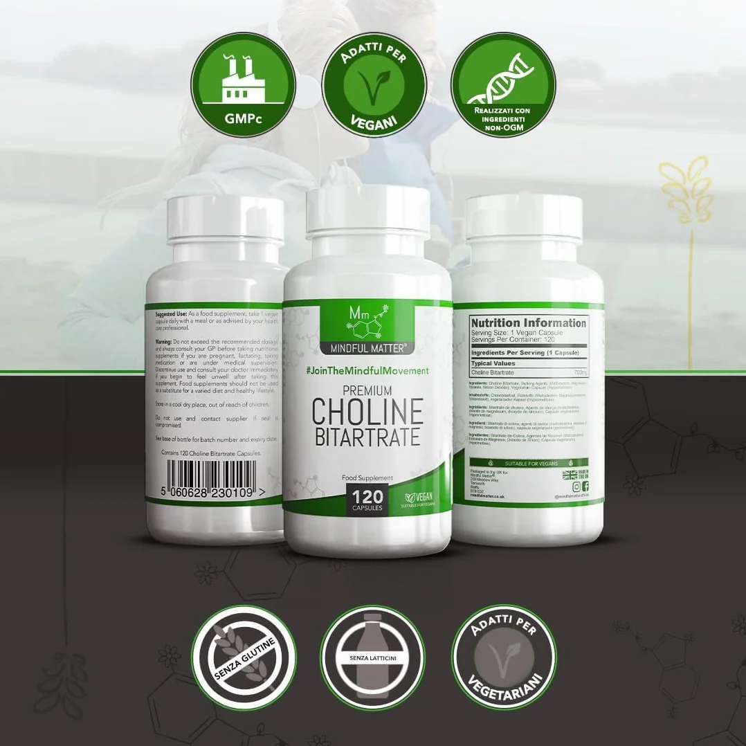 Colina Bitartrato 700mg Capsule - 120 Integratore Cholina Non-OGM Senza Glutine