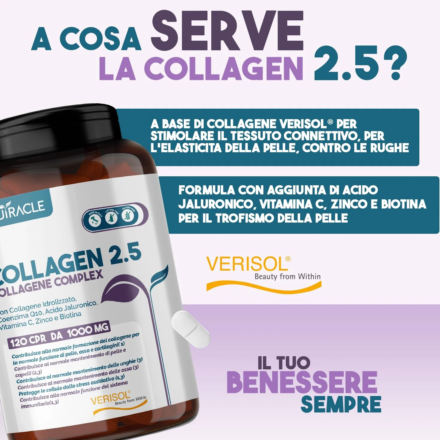 Collagene Idrolizzato Verisol® 2500 mg + Acido Ialuronico + Coenzima Q10 Integratore Pelle Capelli Ossa 120 compresse