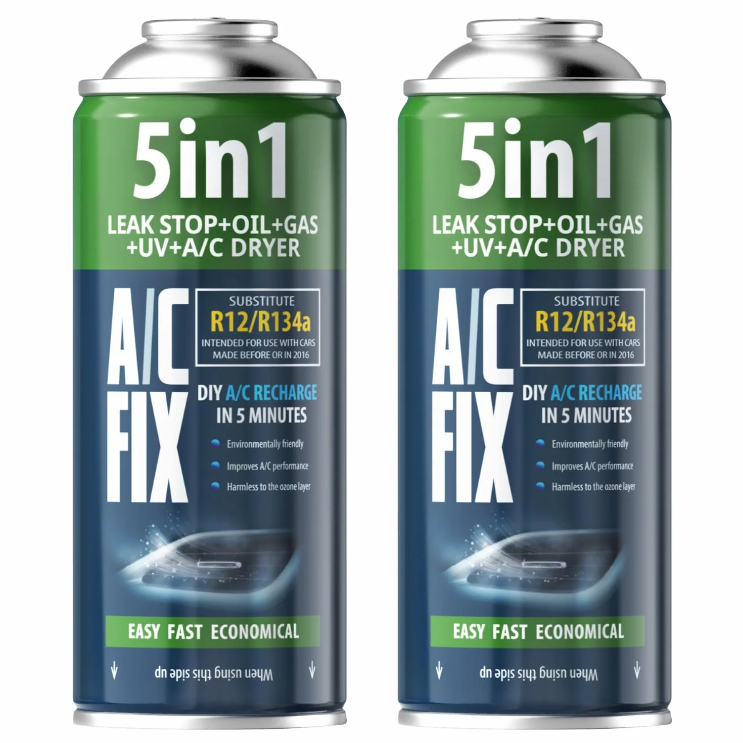 AC FIX 5-in-1 – R134a x 2 470 g Refrigerante per climatizzatori auto con olio, sigillante, colorante UV, essiccante – Protegge il compressore