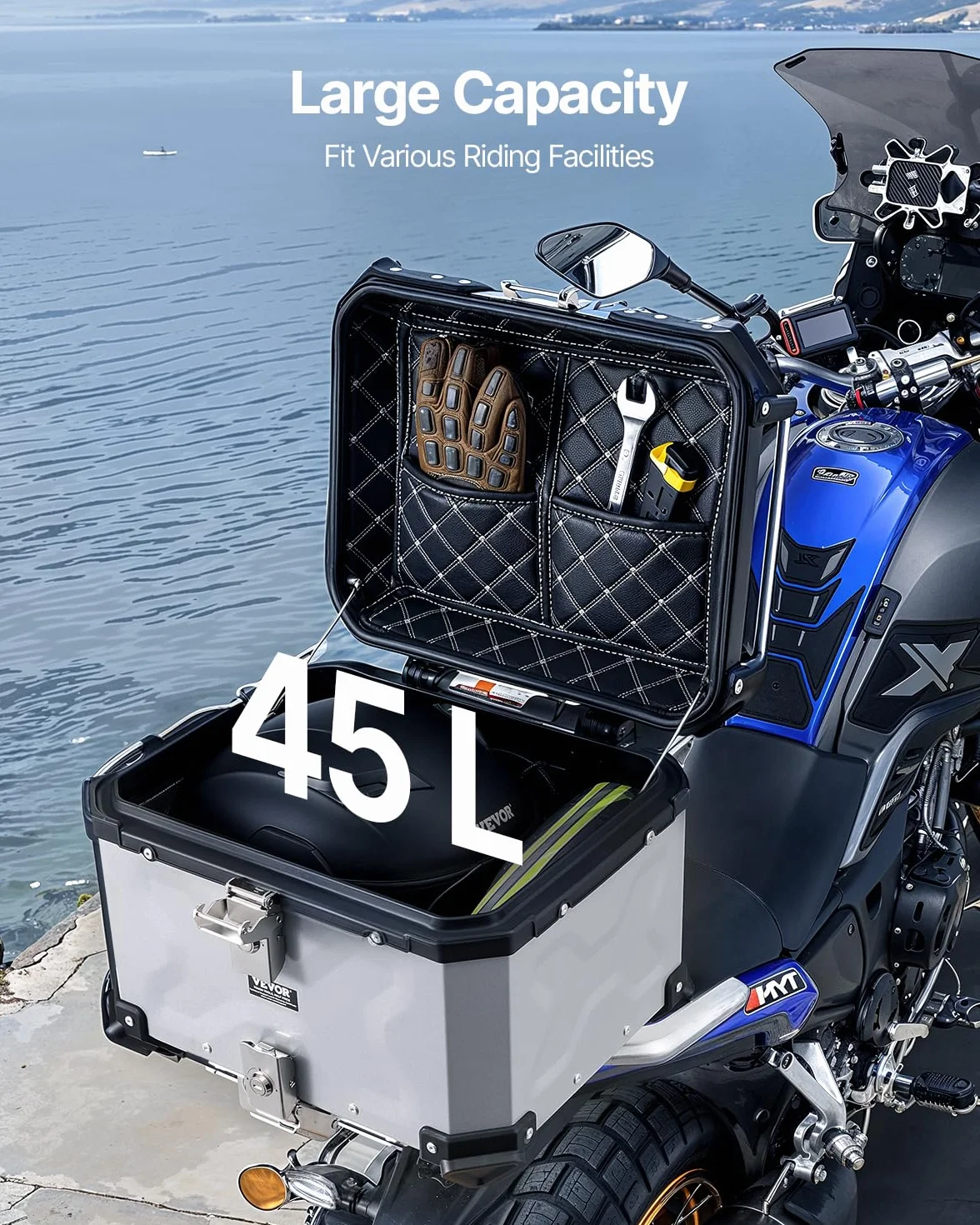 VEVOR Top Case Moto 45L Valigia Portapacchi Universale in Lega di Alluminio con Fodera in Pelle e Serratura