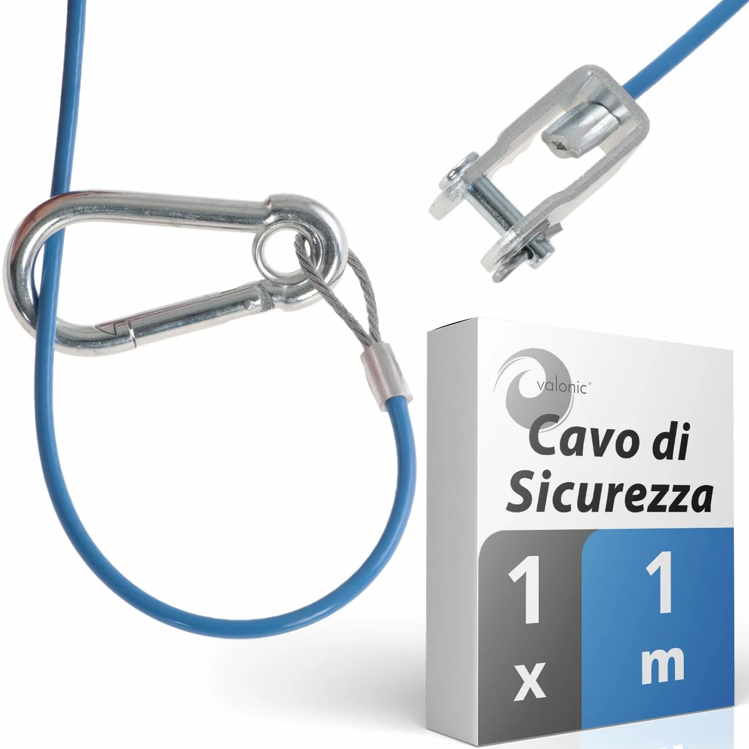 Cavo di sicurezza per rimorchi e caravan 1 m 250 kg blu con moschettone e testa a forcella