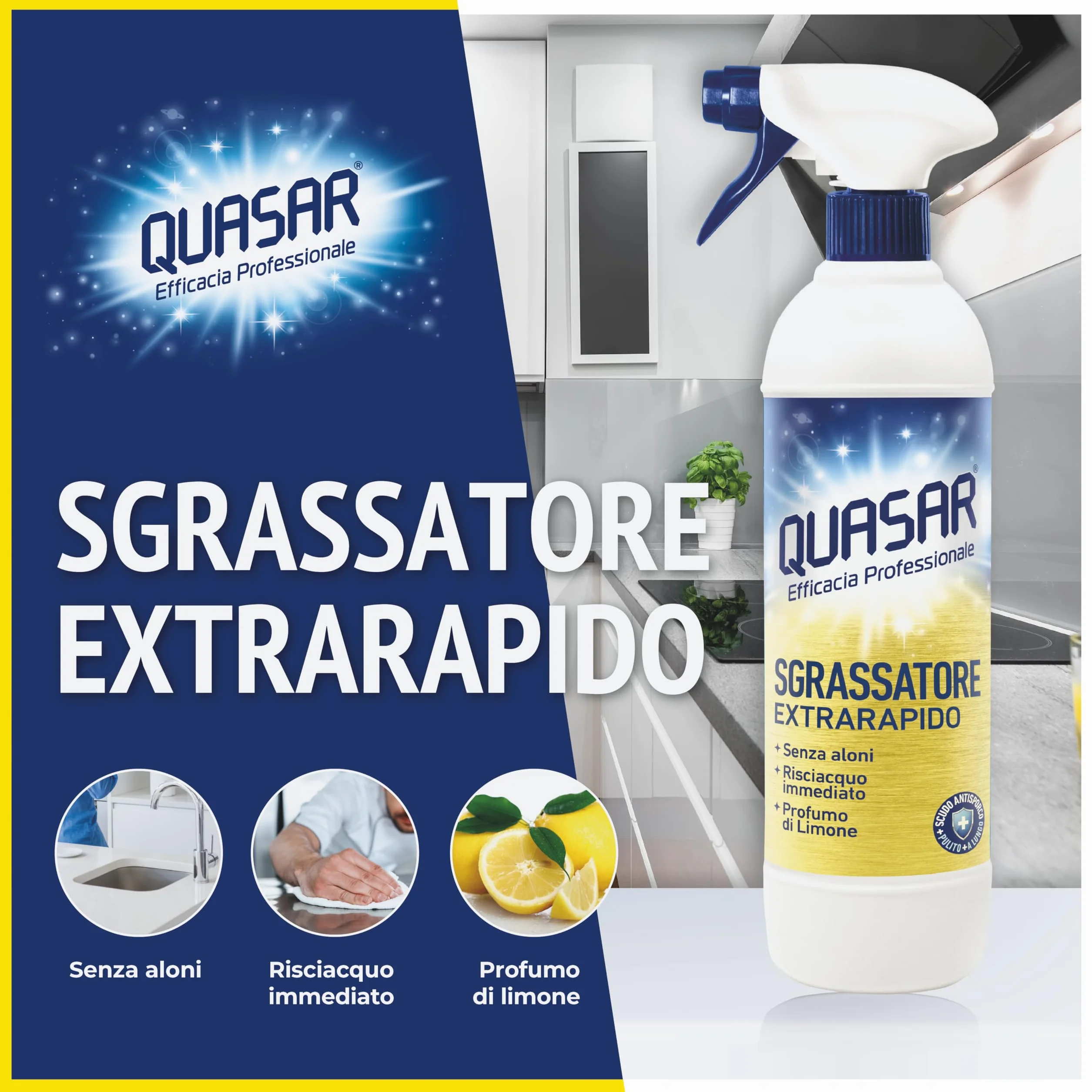 Quasar Sgrassatore Extrarapido 680 ml Senza Aloni Risciacquo Immediato Profumo di Limone