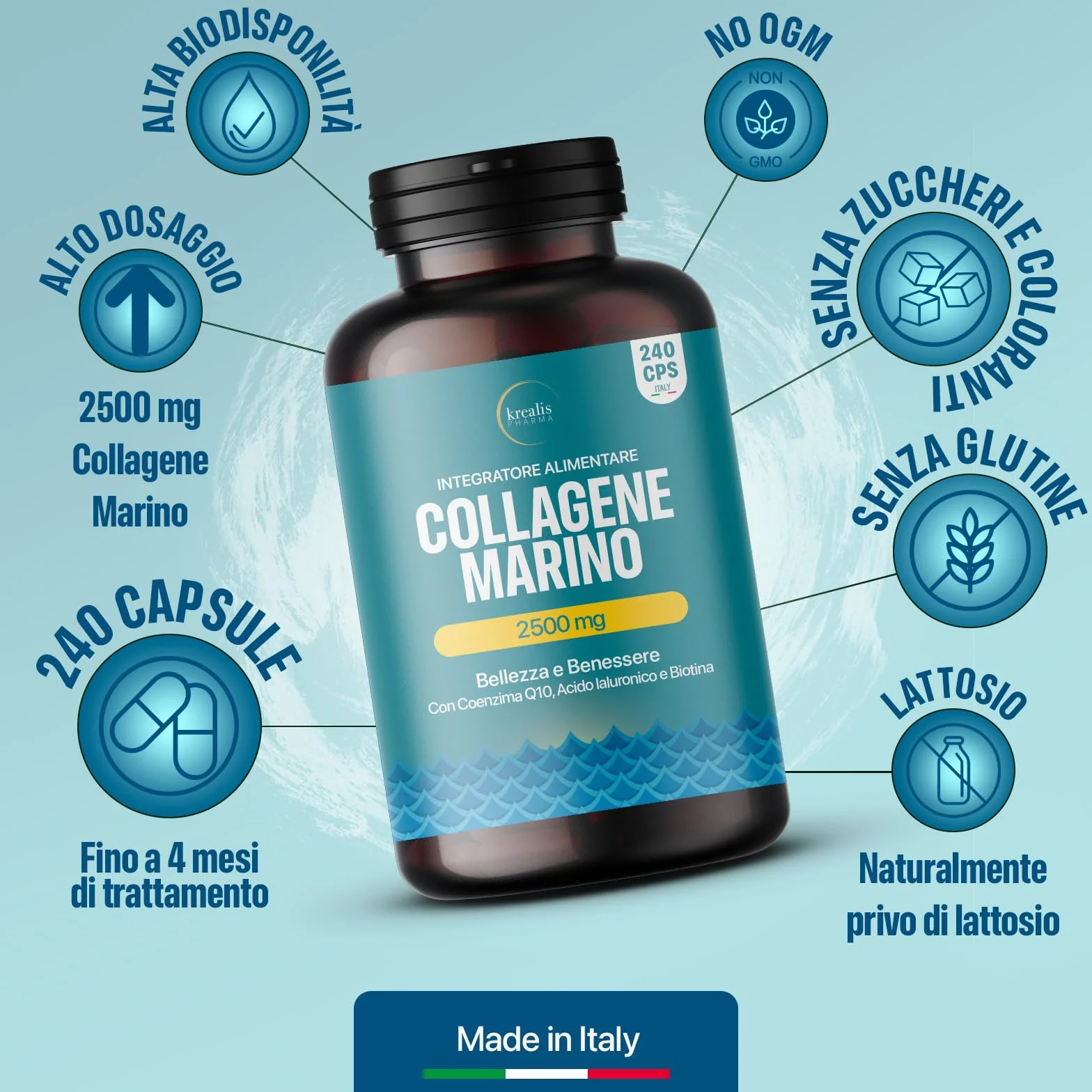 Collagene Marino con Acido Ialuronico 240 Capsule 2500 mg Integratore per Pelle Capelli Articolazioni