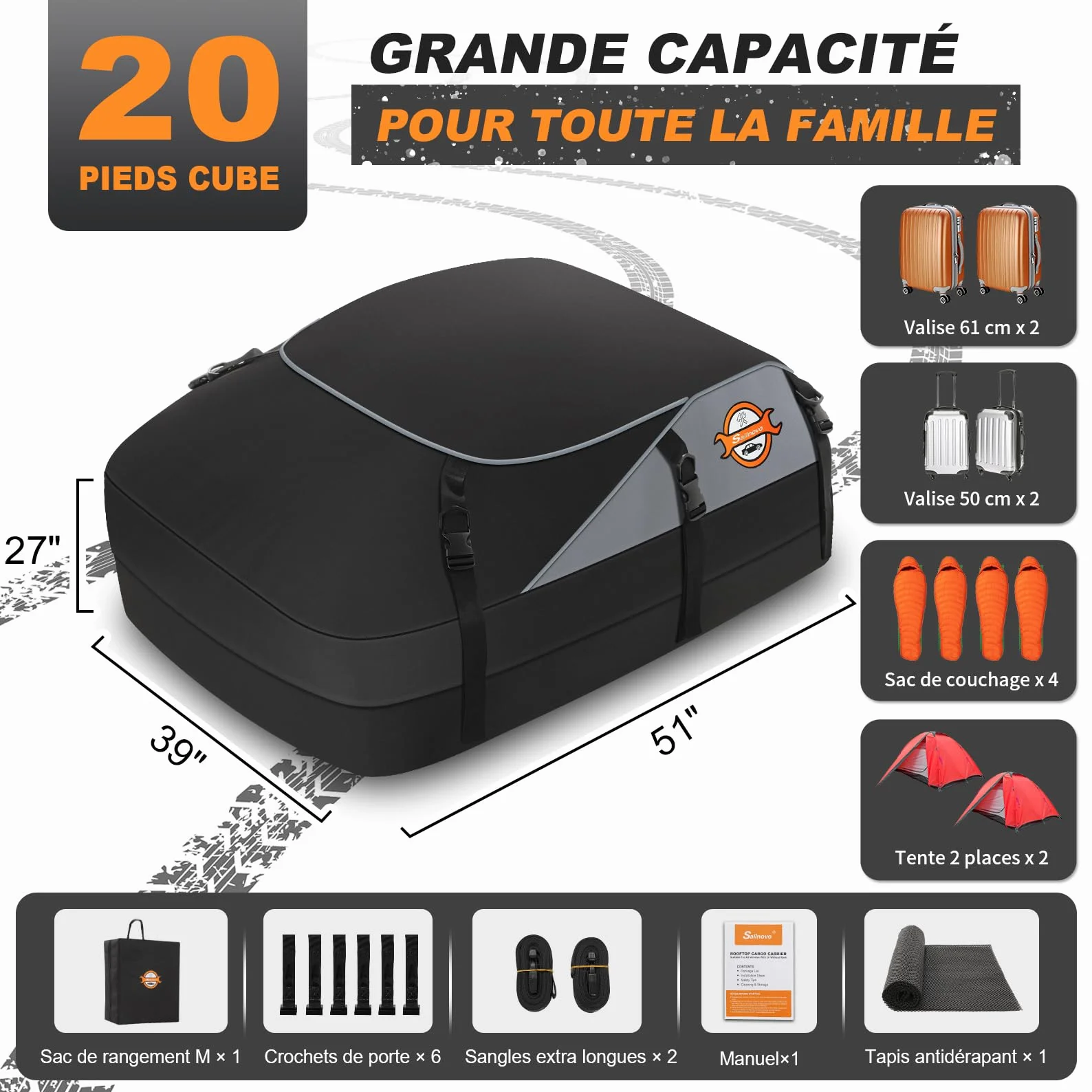 Sailnovo Box Tetto Auto, 580L/20 piedi cubi Baule Auto Tetto Impermeabile Per Con O Senza porta pacchi - incluso 6 ganci di sicurezza e custodia