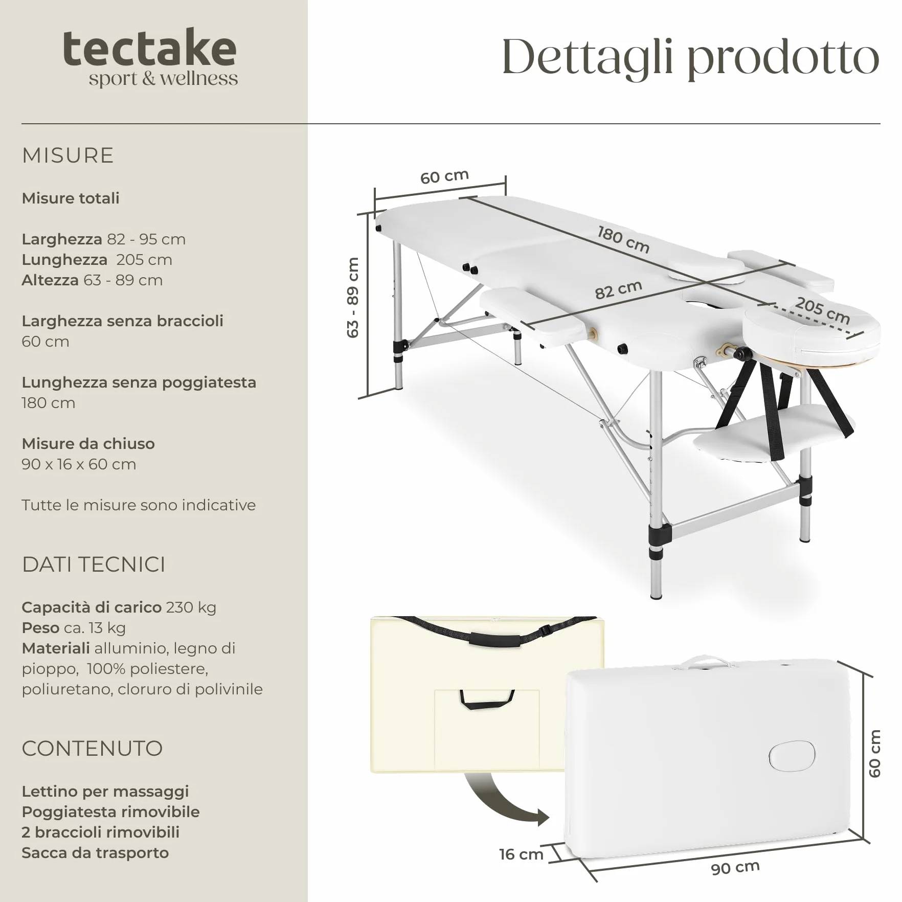 tectake Lettino Massaggio 2 Zone Portatile Regolabile Imbottitura Comfort Poggiatesta Multifunzione con Borsa Trasporto 230 kg Bianco