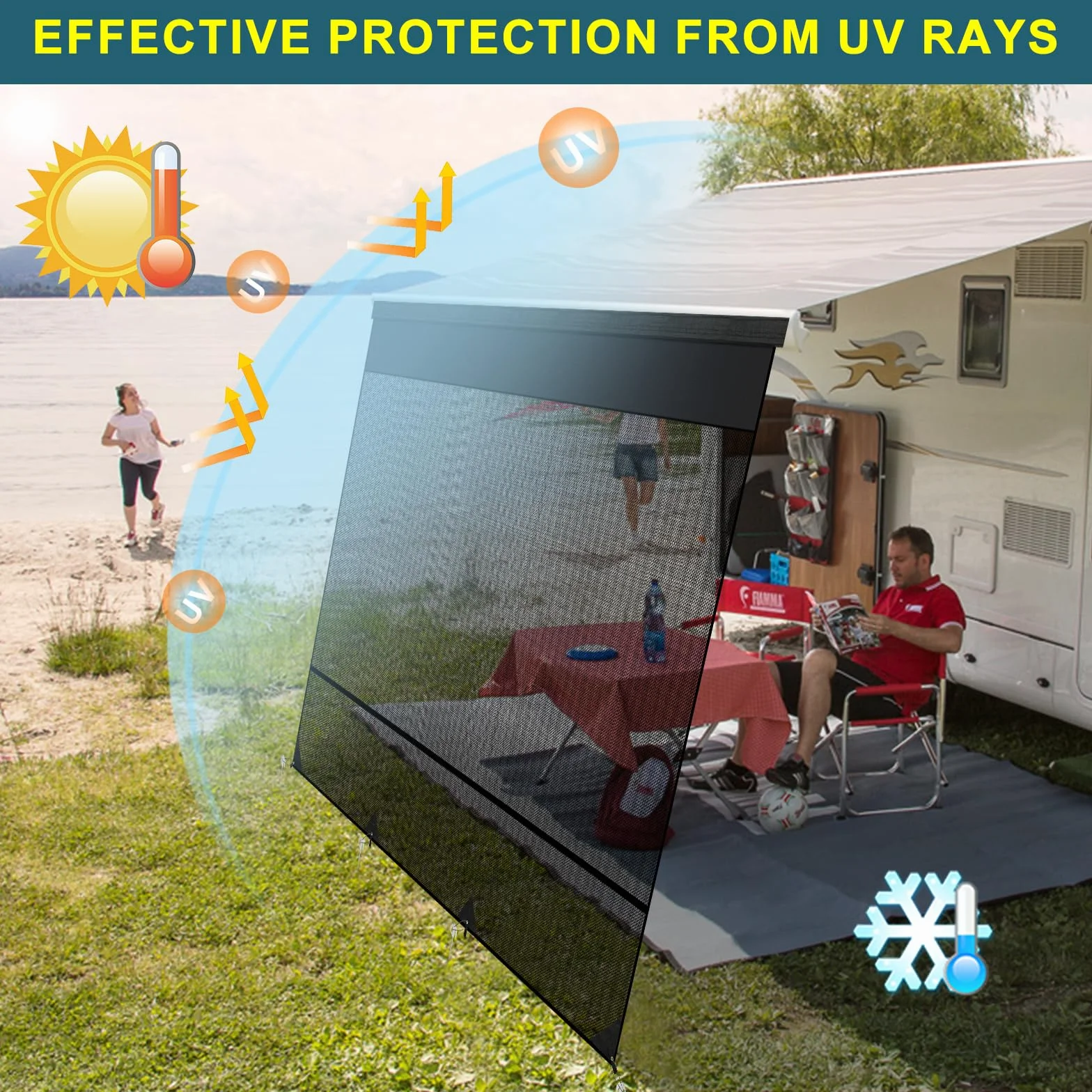 Tendalino Universale Protezione Solare per Camper 3,4 x 2,1 m Schermo Privacy Parete Laterale