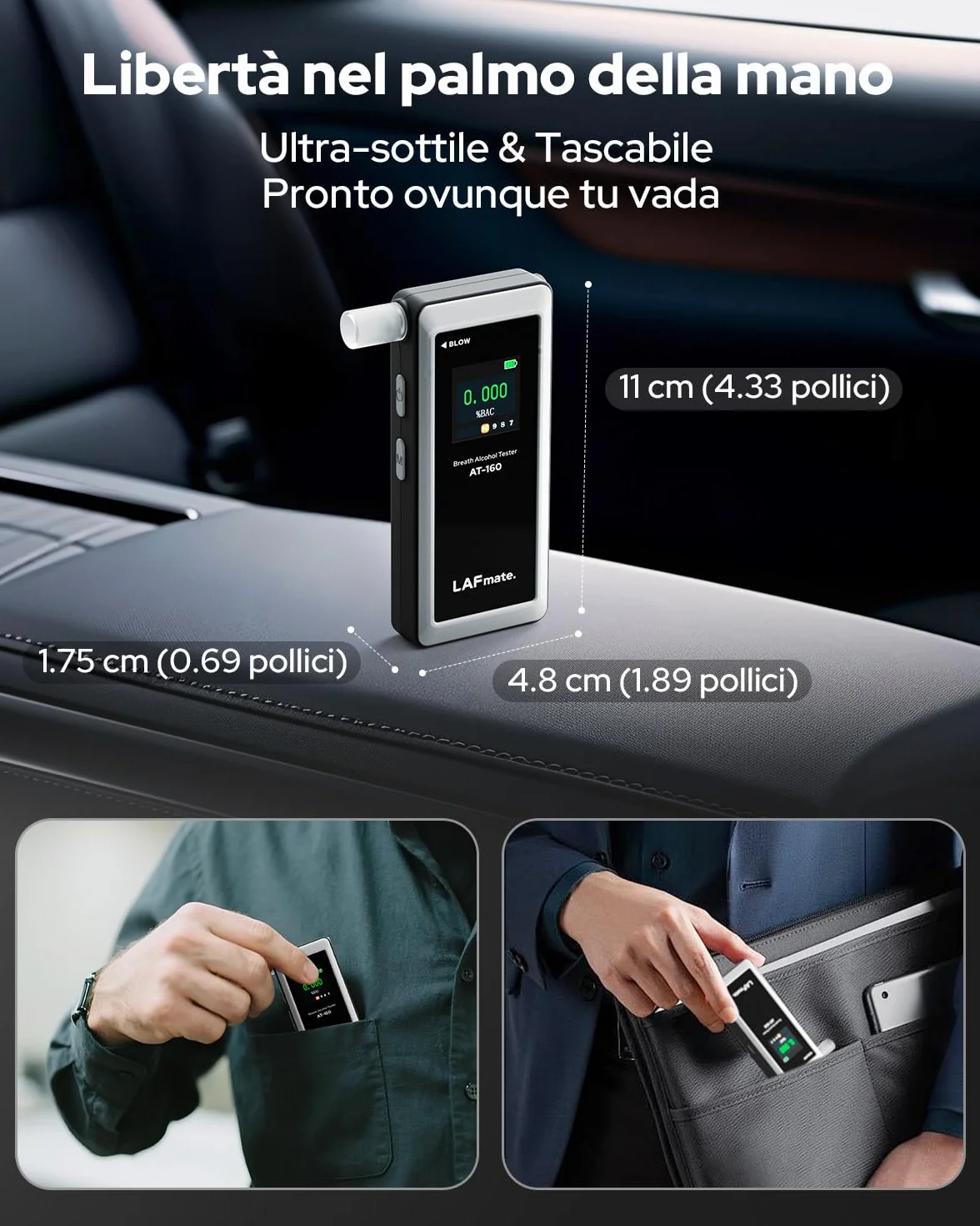 Etilometro AT-160, Alcolometro ad Alta Precisione con Impostazioni della Soglia di Allarme, Alcol Tester con Display Digitale LCD, Archiviazione Dati, 10 Bocchini - per Uso Domestico