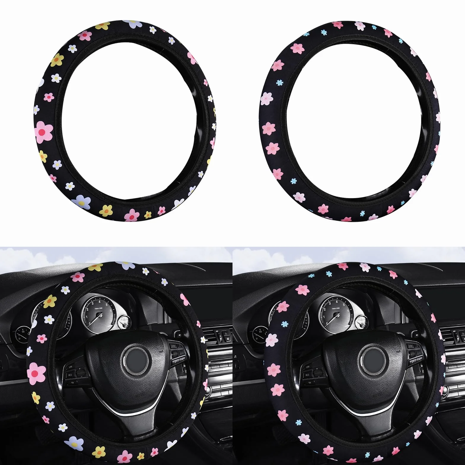 2 pezzi coprivolante auto, morbido motivo floreale, traspirante, protezione universale, diametro 38 cm