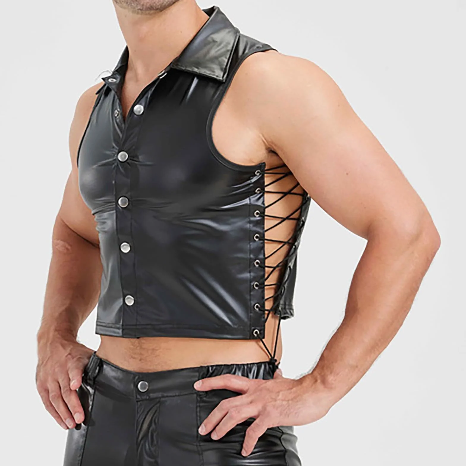 Gilet Senza Maniche in Pelle Verniciata Wet Look con Laccetti A V Uomo