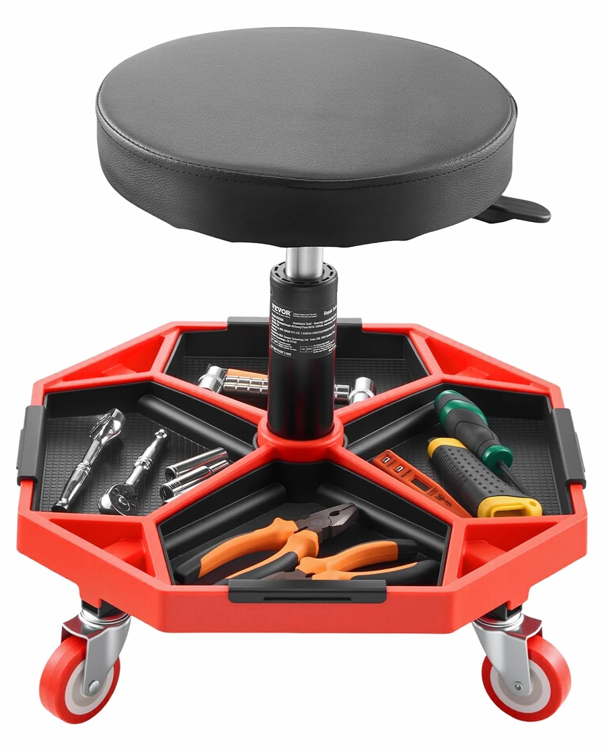 VEVOR Sgabello da Meccanico con Ruote, Capacità 136 kg, Altezza Regolabile 420-550 mm, Vassoio Portautensili, Nero Rosso