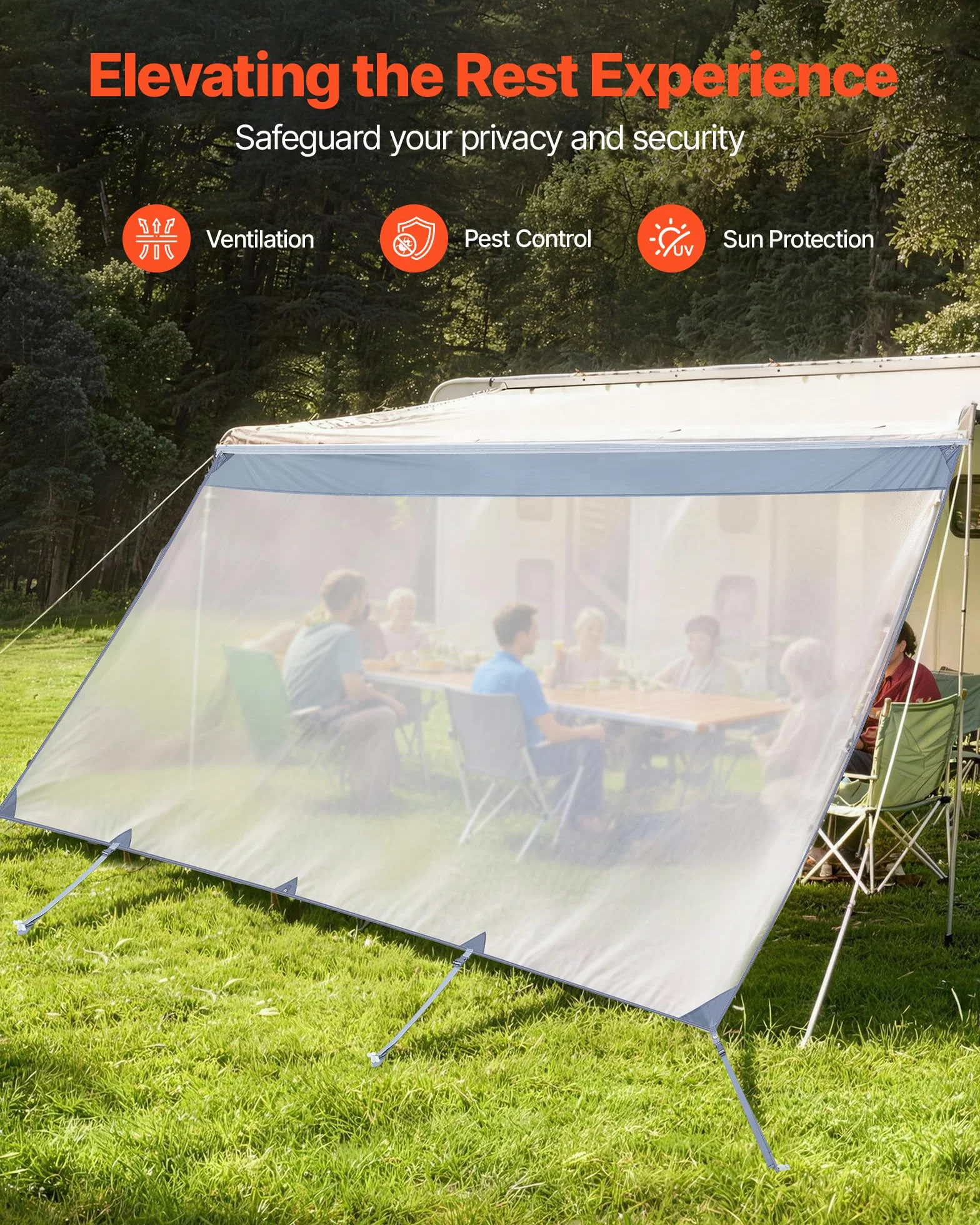 VEVOR Pannello Laterale Frangisole in Poliestere Trasparente Parete Frontale per Camper Roulotte 2x4,3m Compatibile per Tenda da Sole 4,5m