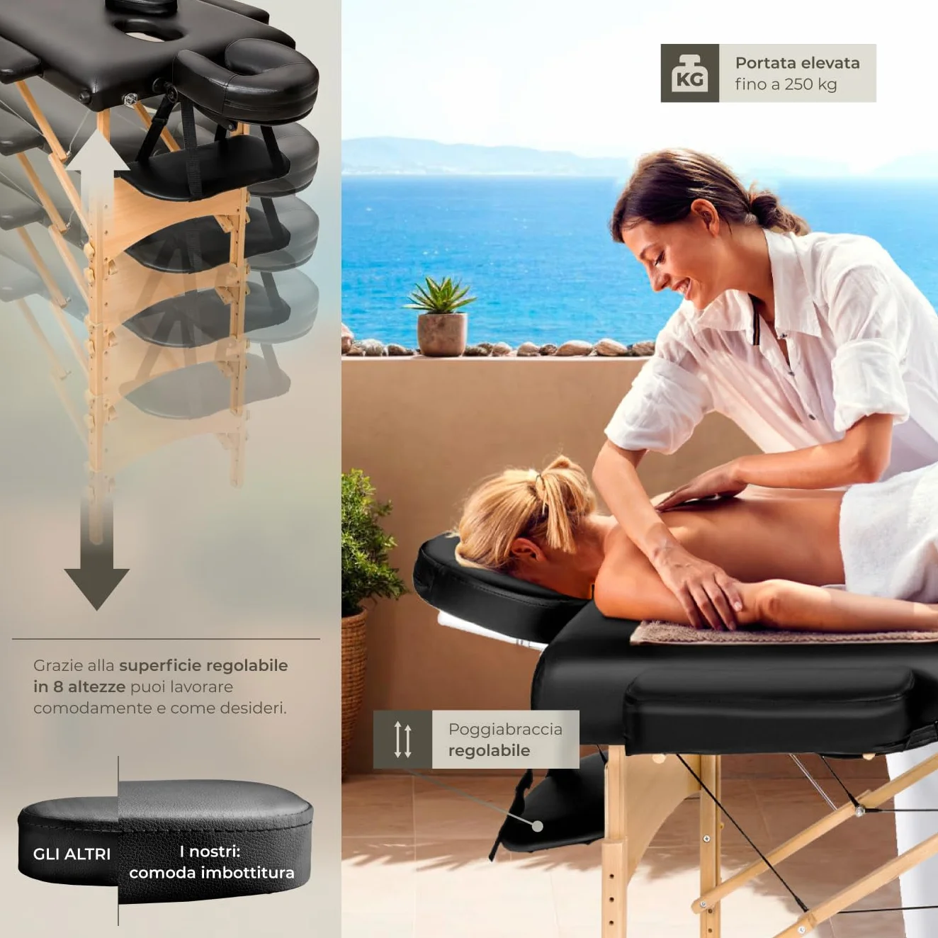 Lettino Massaggio 3 zone Pieghevole Portatile Rivestimento Vinile Idrorepellente Nero