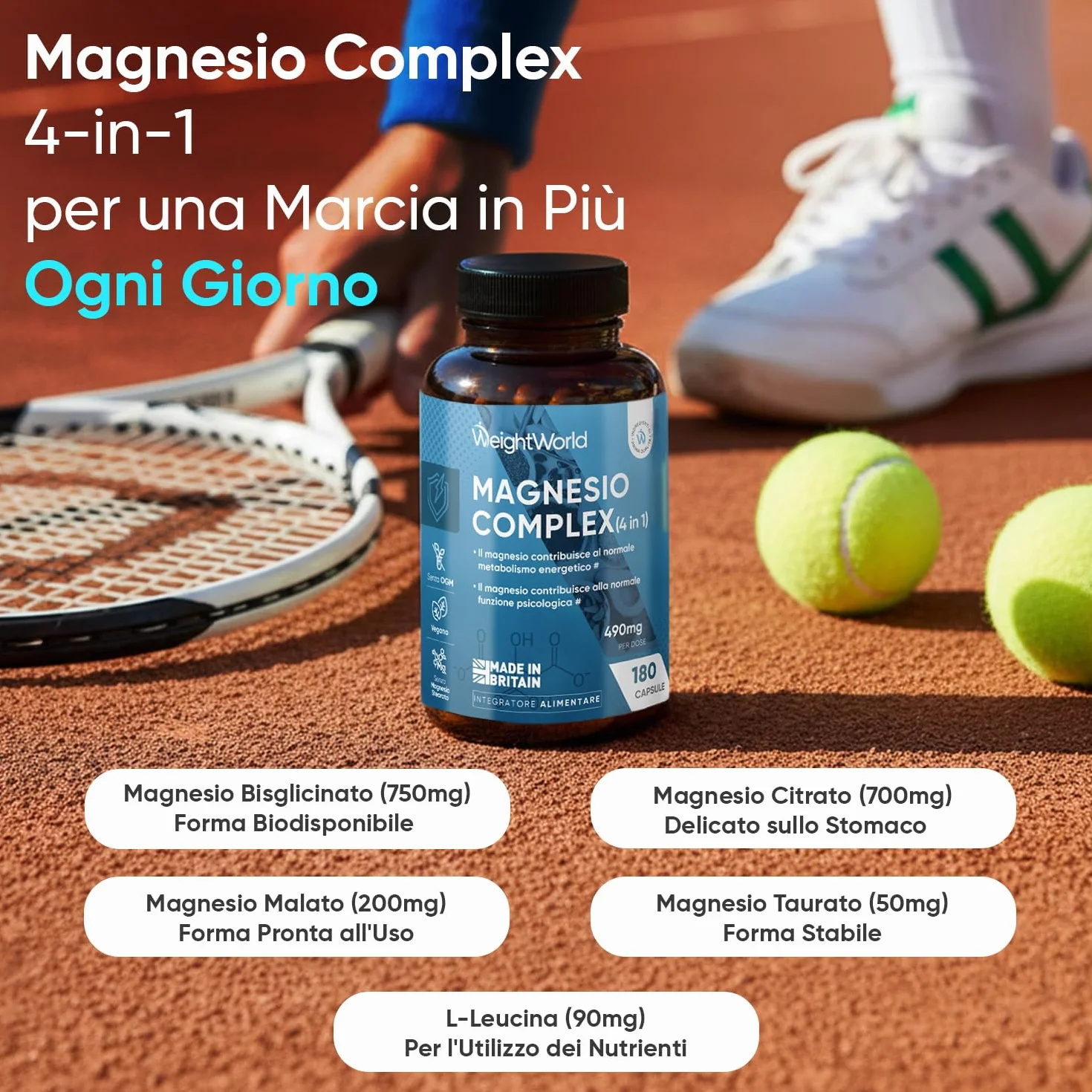 Magnesio Completo Vegano 490mg 180 Capsule, Magnesium Complex 4 in 1 con Bisglicinato e Citrato