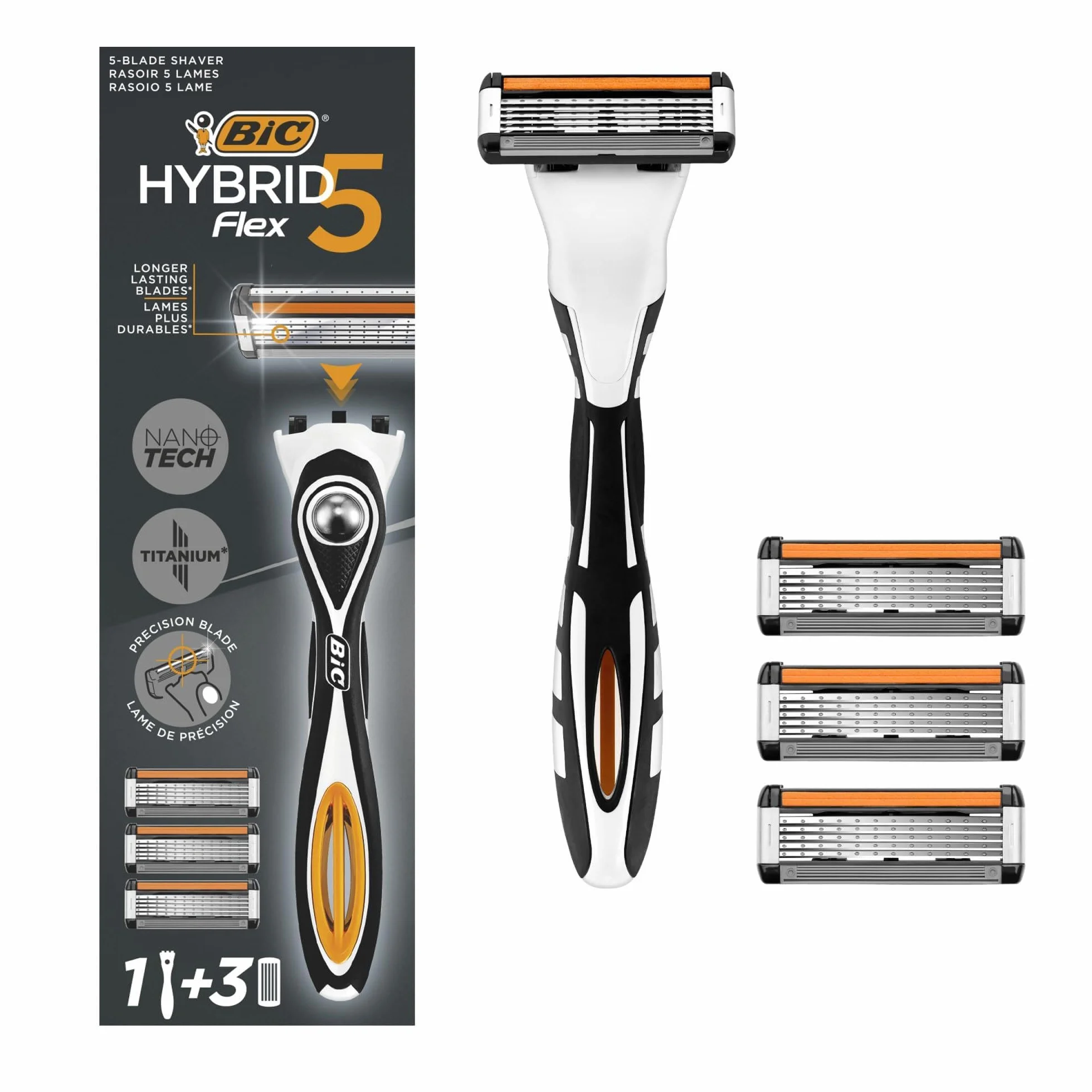 BIC Hybrid 5 Flex Rasoio Ricaricabile da Uomo, Starter Kit con 5 Lame Mobili