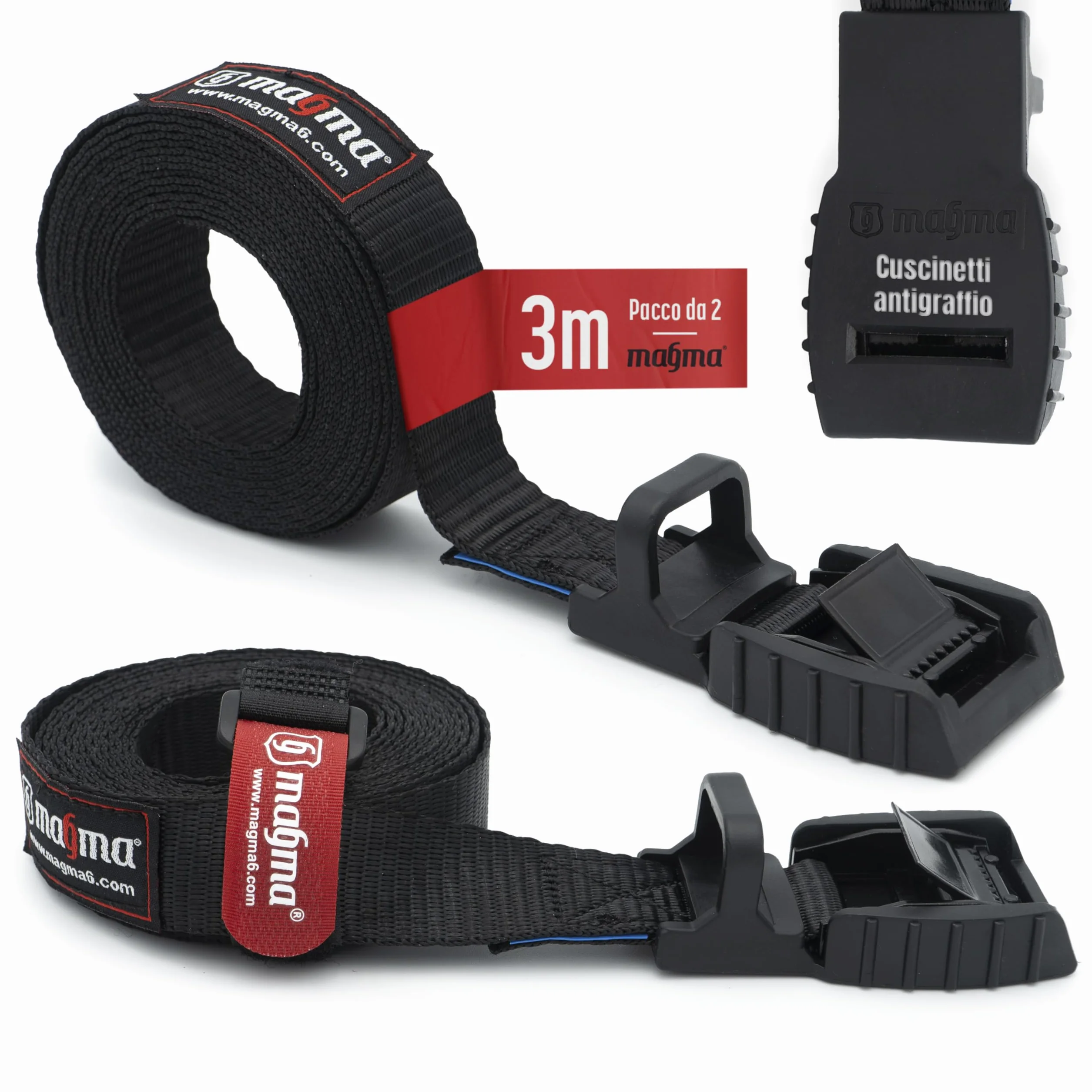 Cinghie di Ancoraggio MAGMA 2 Set Regolabili AntiGraffio per Carichi Bici Kayak Moto Auto 3m Nero