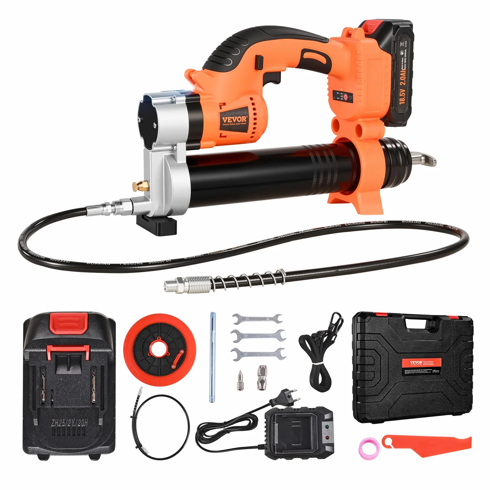 VEVOR Ingrassatore a Batteria Senza Fili, Pressione Massima 55 MPa Ingrassatore Elettrica, Batteria 2,0 Ah e Luce LED, Custodia per Trasporto, Grilletti a velocità Variabile, Ingrassaggio di Veicoli