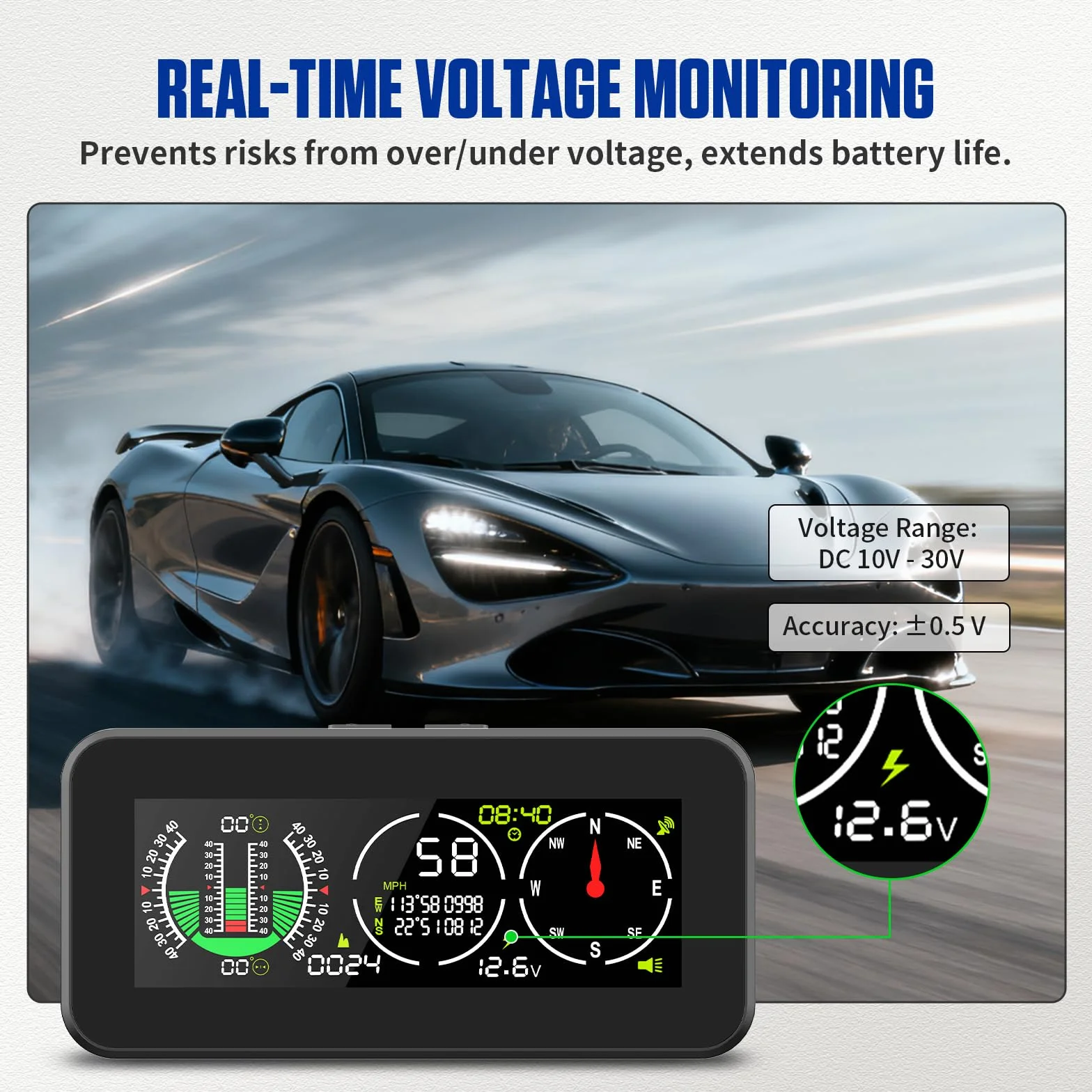 BELEY Inclinometro Digitale per Auto con GPS, Velocità in Tempo Reale, Bussola LCD HD